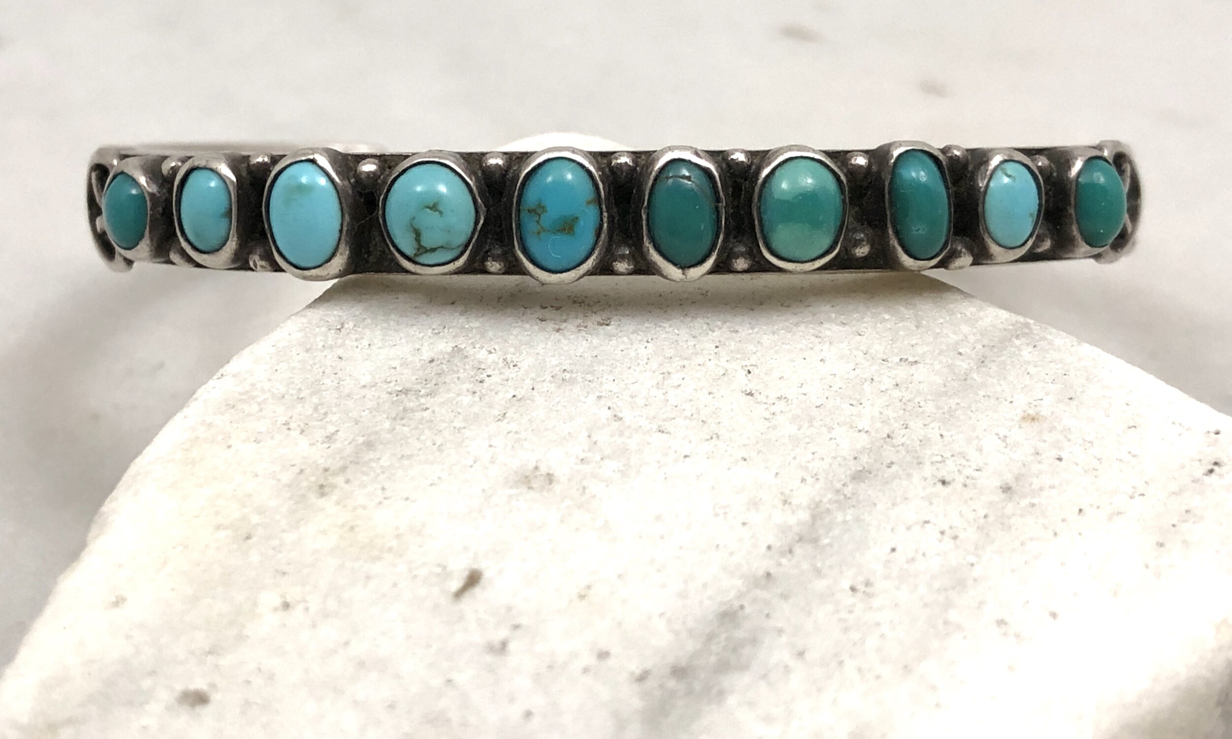 Fred Harvey Era Navajo Ingot Silver 10-Stone Turquoise Row Bracelet —  Worn-Over-Time