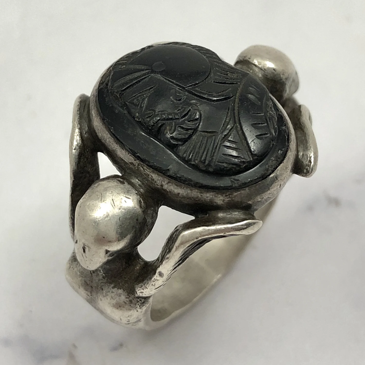 Vintage Black Onyx Warrior Cameo Angels Silver Ring Worn Over Time