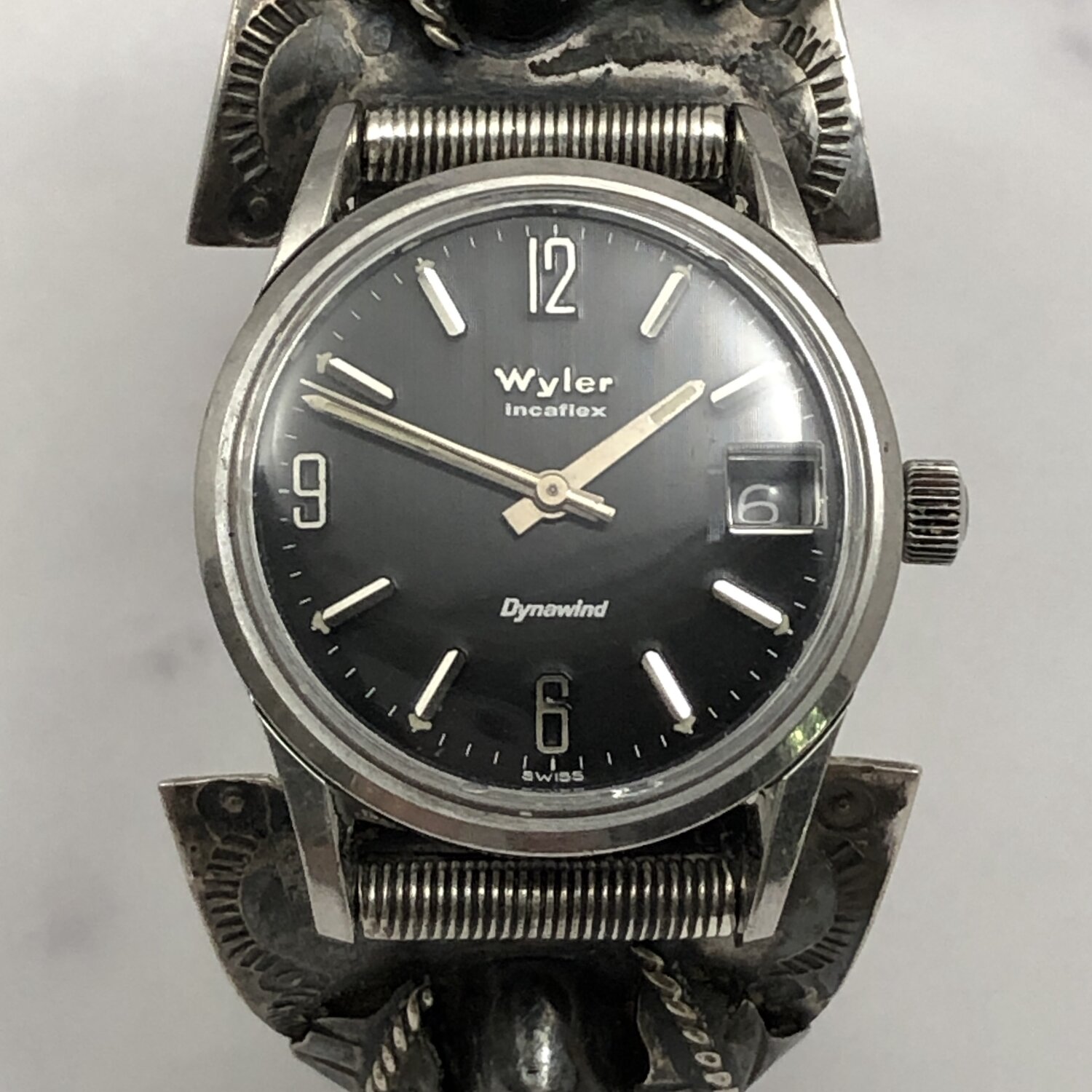 Vintage Navajo Turquoise Silver Watch Bracelet & Wyler Dynawind Wristwatch  — Worn-Over-Time