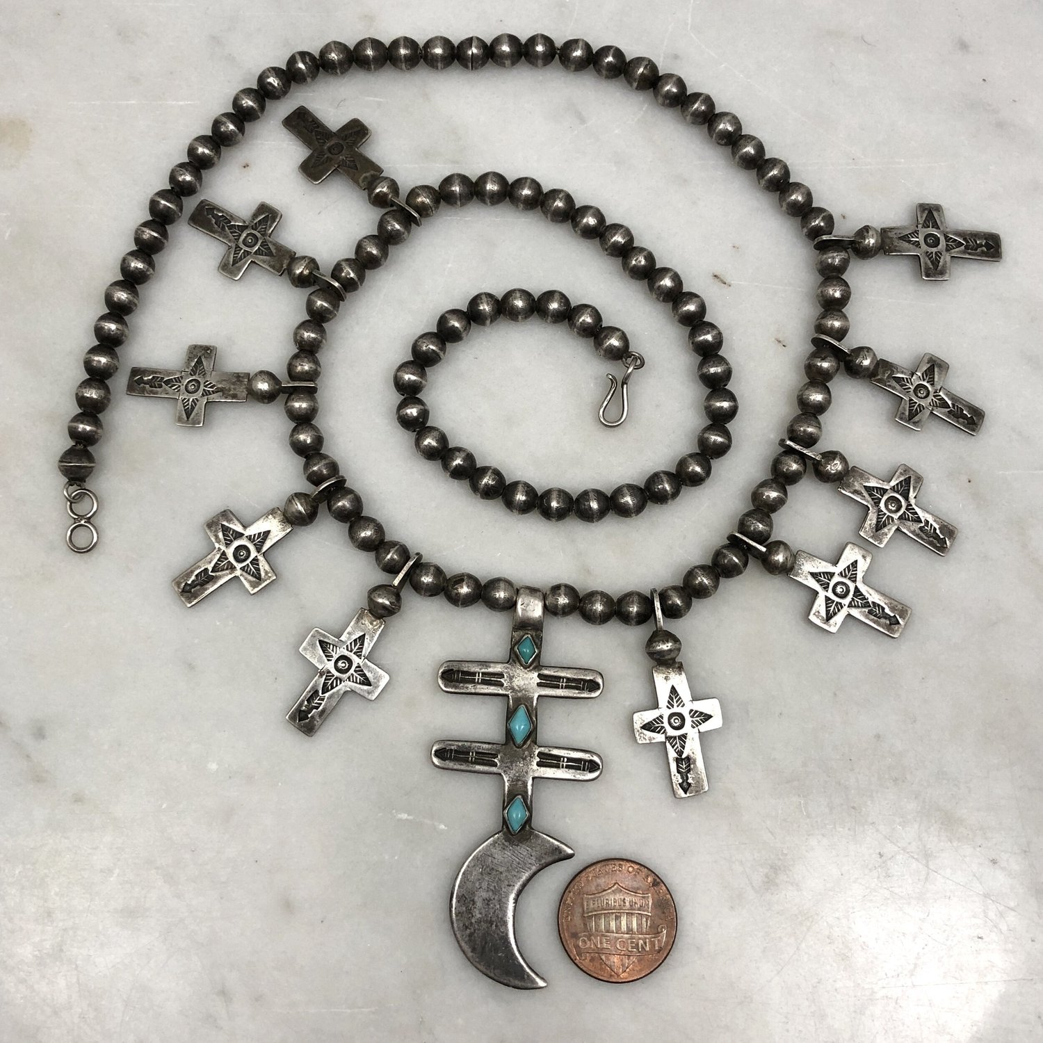 Fred Harvey Era Turquoise Dragonfly Cross Bench Bead Necklace