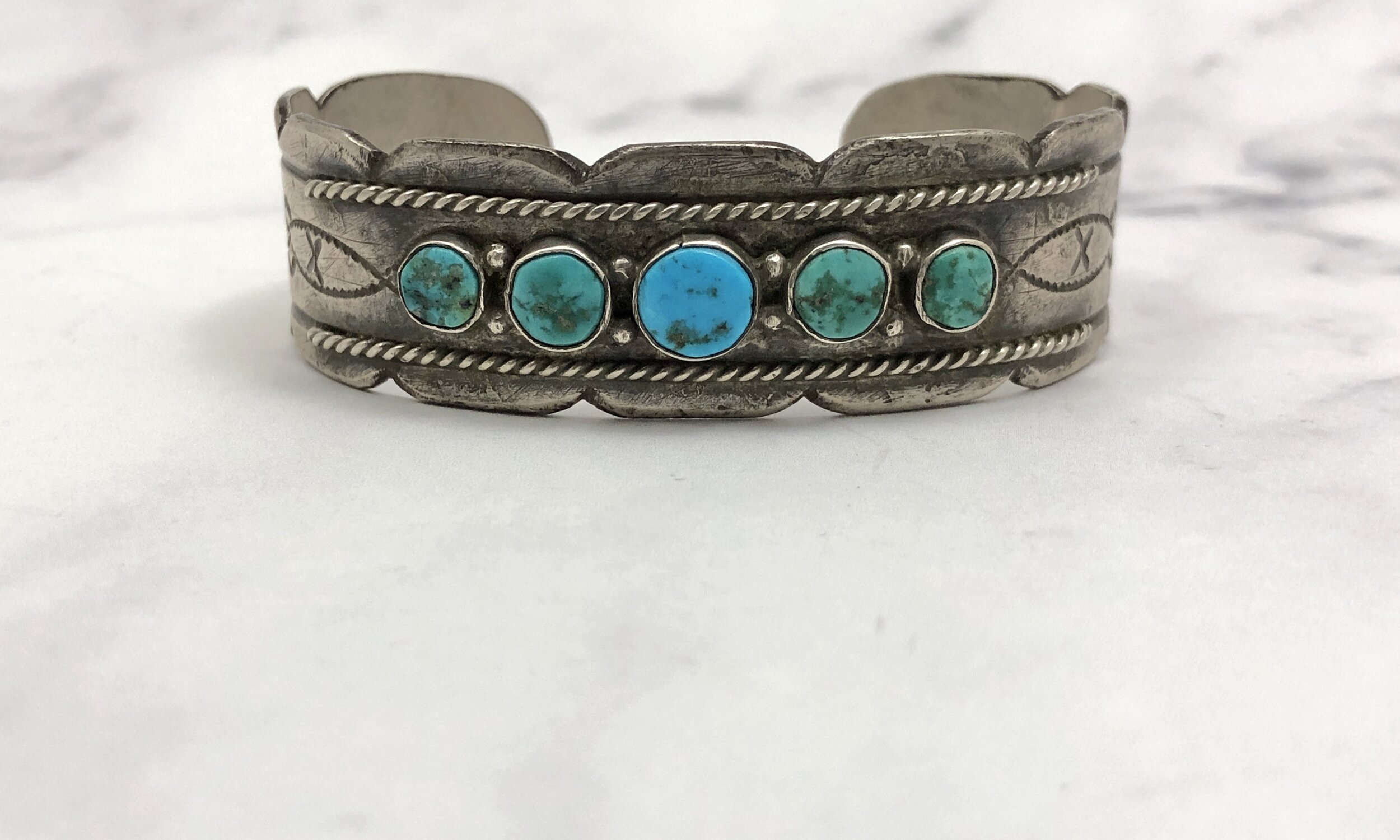 Fred Harvey Era Navajo 5 Round Stone Turquoise Ingot Silver Cuff Bracelet —  Worn-Over-Time