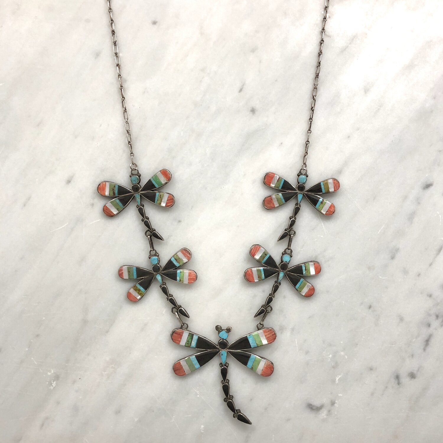 Vintage Zuni Multi Stone Inlay Dragonfly Necklace — Worn-Over-Time