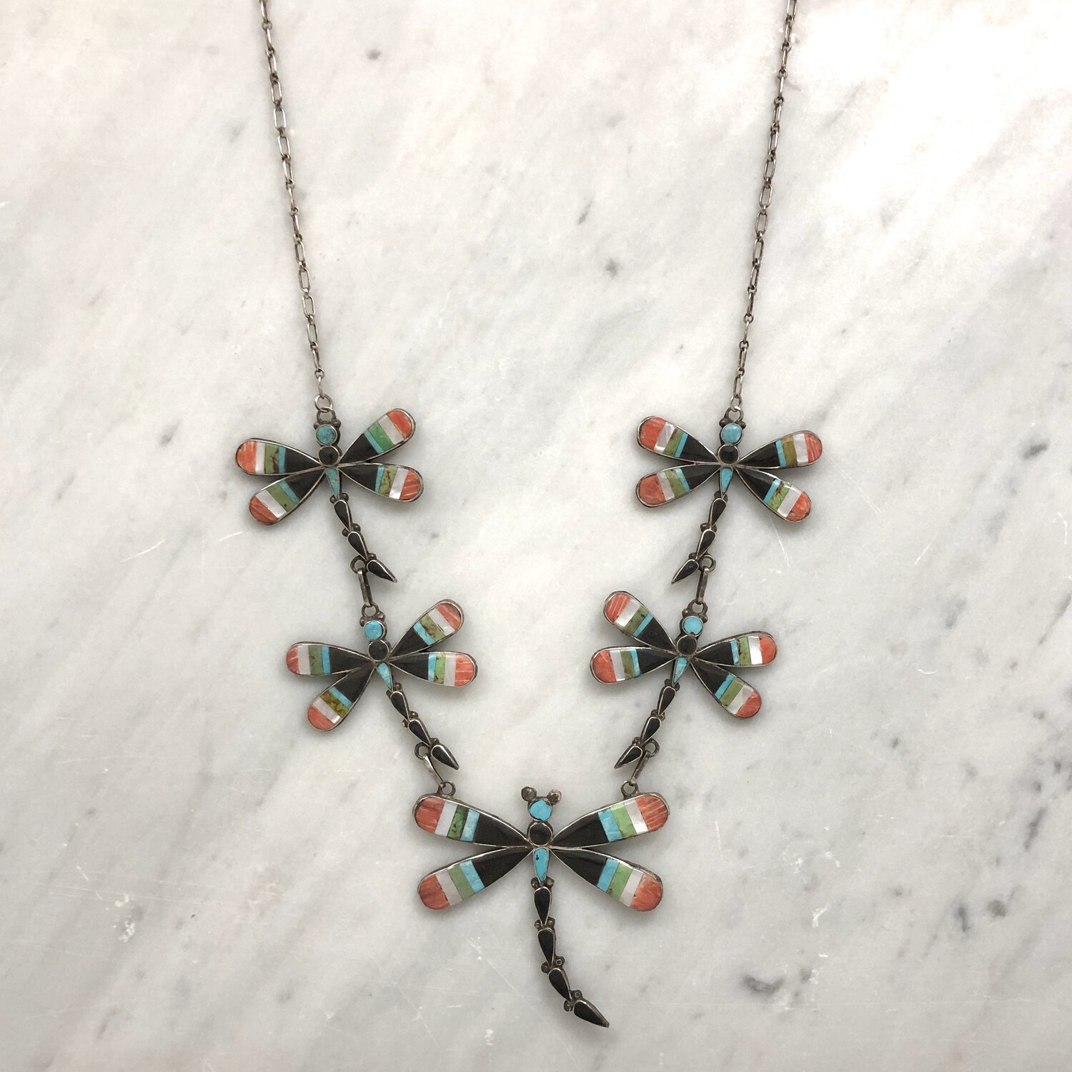Vintage Zuni Multi Stone Inlay Dragonfly Necklace — Worn-Over-Time Vintage Zuni Multi Stone Inlay Dragonfly Necklace — Worn-Over-Time