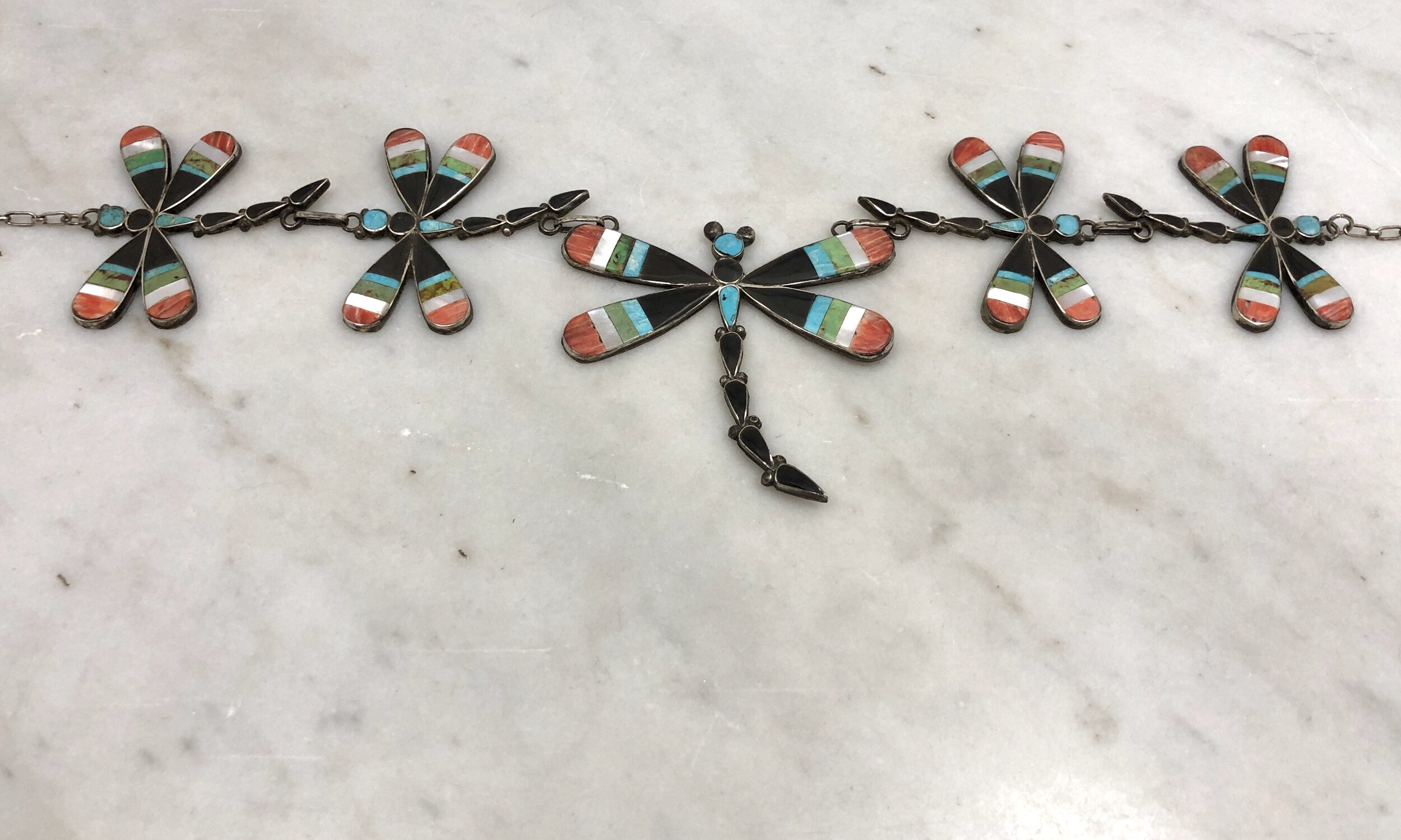 Vintage Zuni Multi Stone Inlay Dragonfly Necklace — Worn-Over-Time