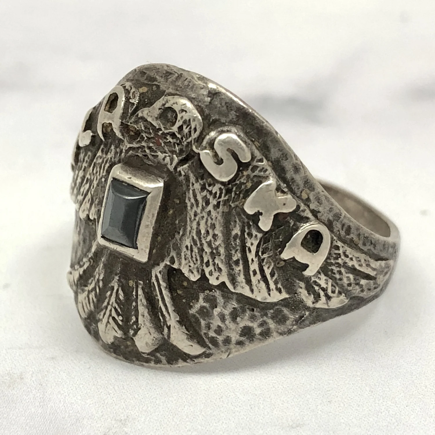 Fred Harvey Era Alaska Thunderbird Hematite Silver Ring — Worn