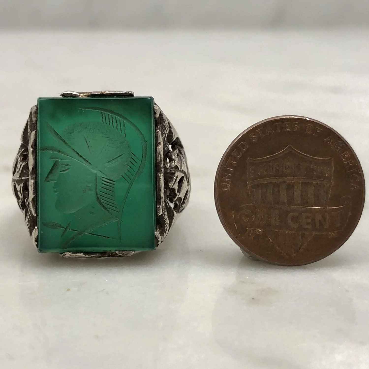 Vintage Green Intaglio Warrior Tall Ship and Ship Silver Ring —  Worn-Over-Time
