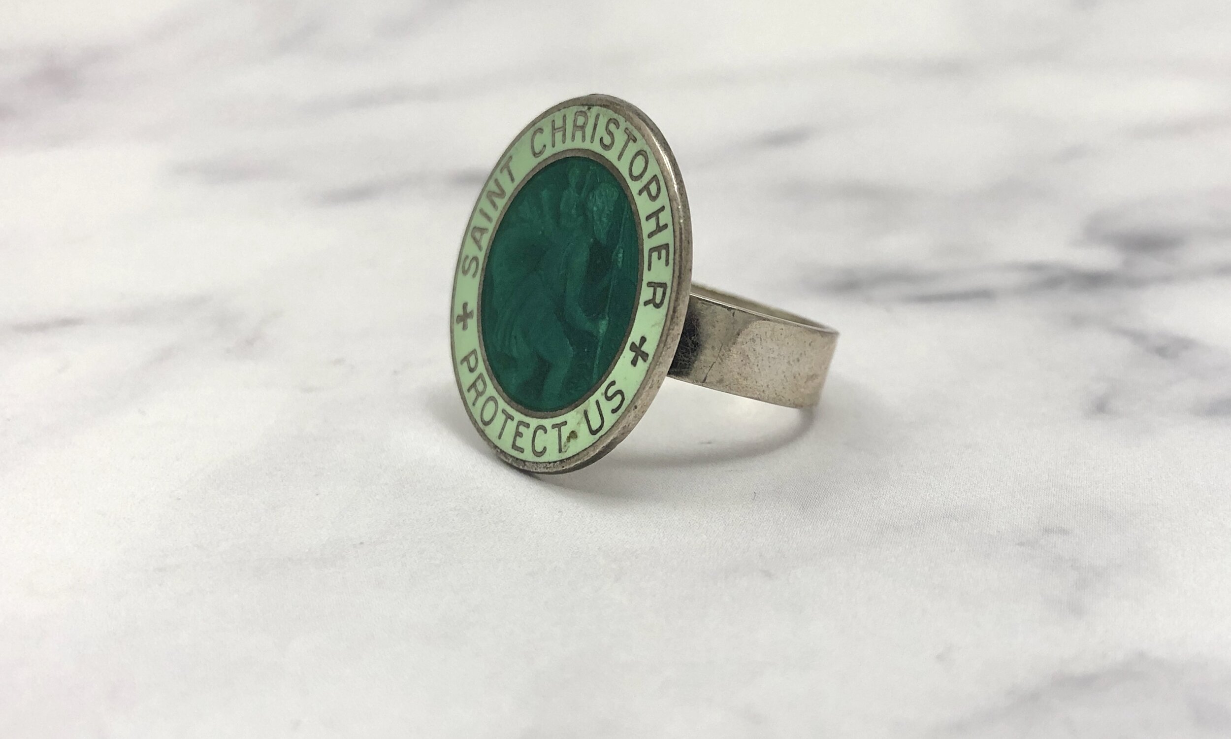 Vintage Green Enameled Silver St Christopher Ring