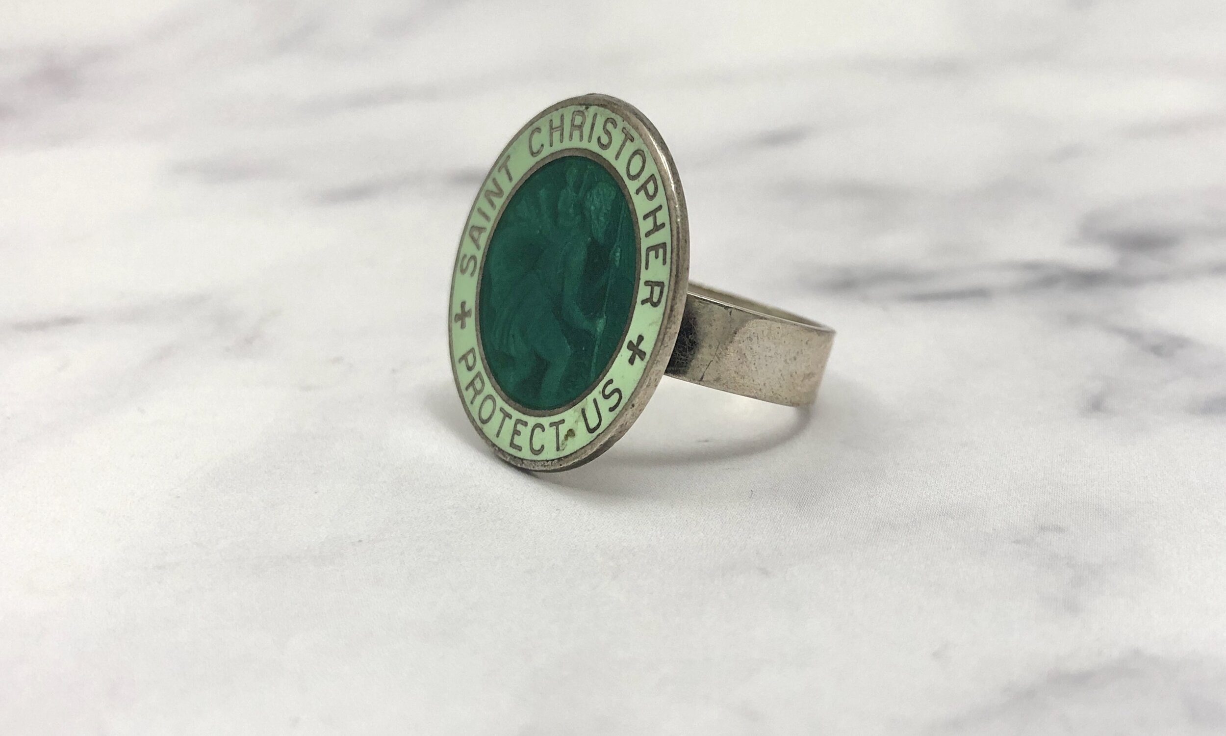 Vintage Green Enameled Silver St Christopher Ring — Worn-Over