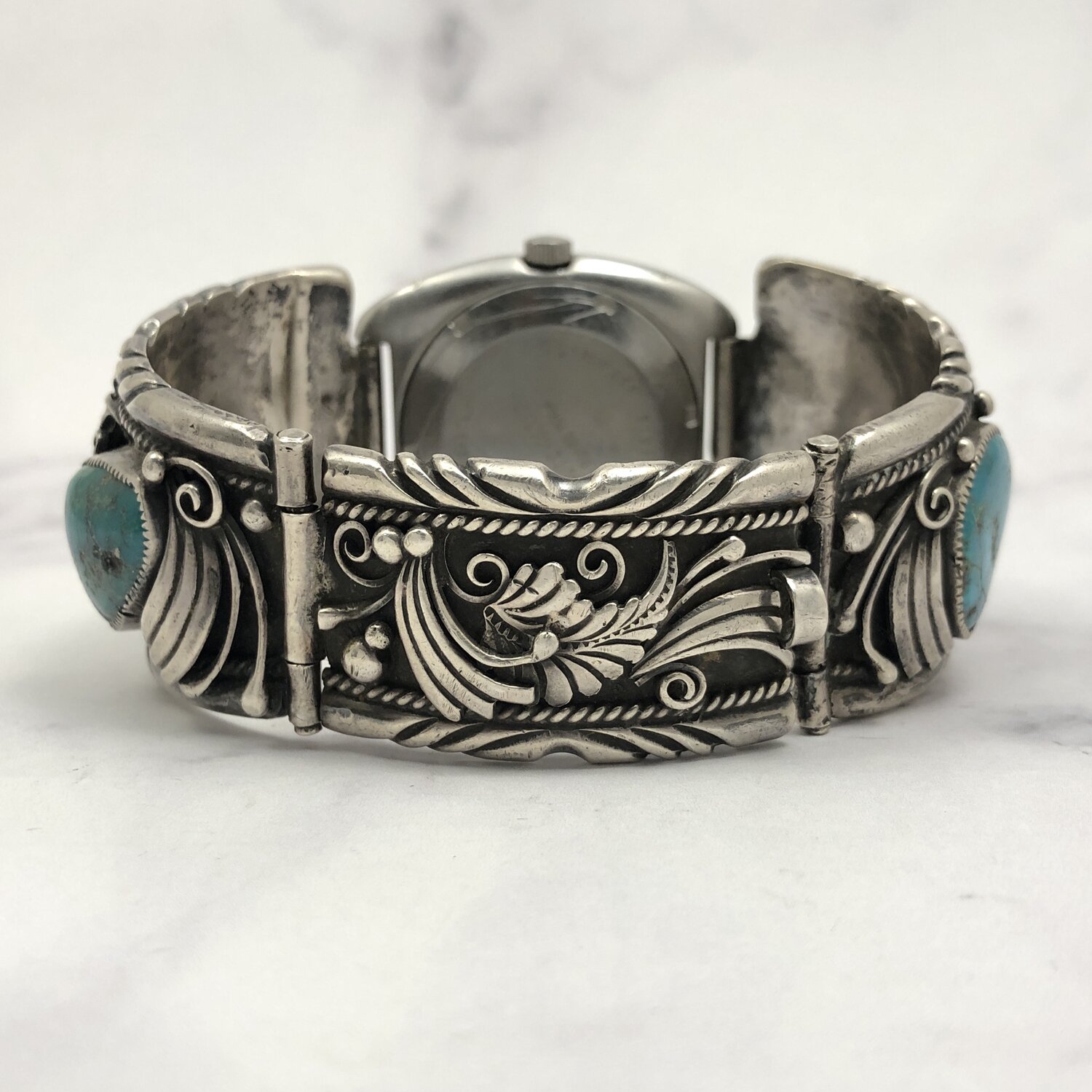 Fred Harvey Era Navajo Leaves & Turquoise Watch Bracelet with
