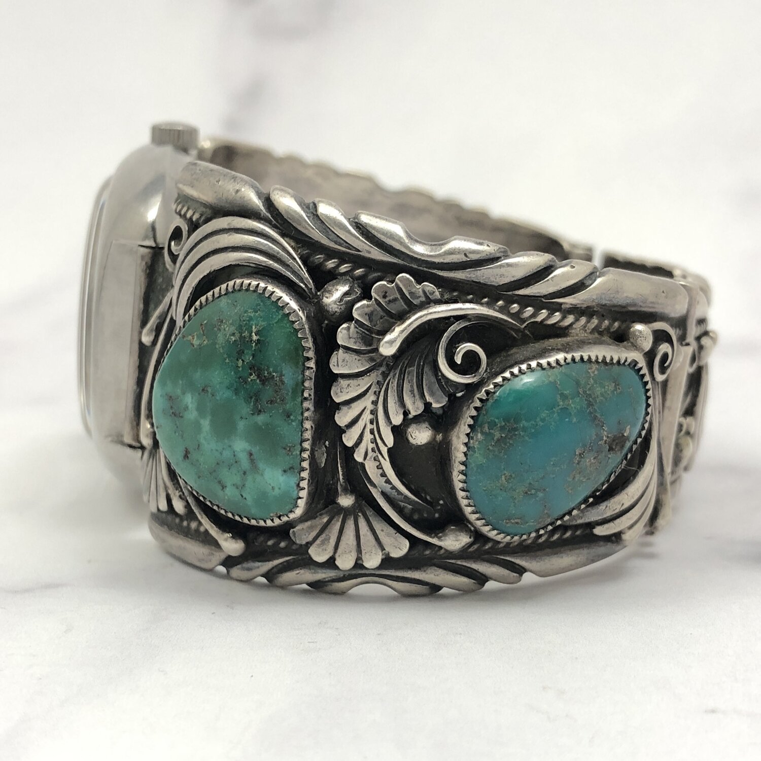 Fred Harvey Era Navajo Leaves & Turquoise Watch Bracelet with