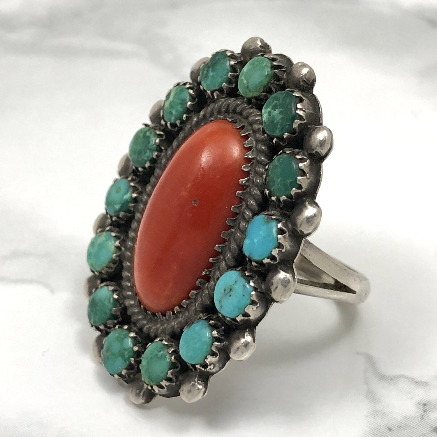 Fred Harvey Era Zuni Turquoise & Coral Silver Ring — Worn-Over-Time