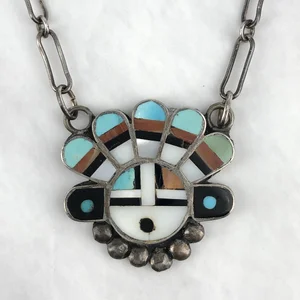Vintage Fred Harvey Era Zuni Multi Stone Inlay Sun Face Necklace