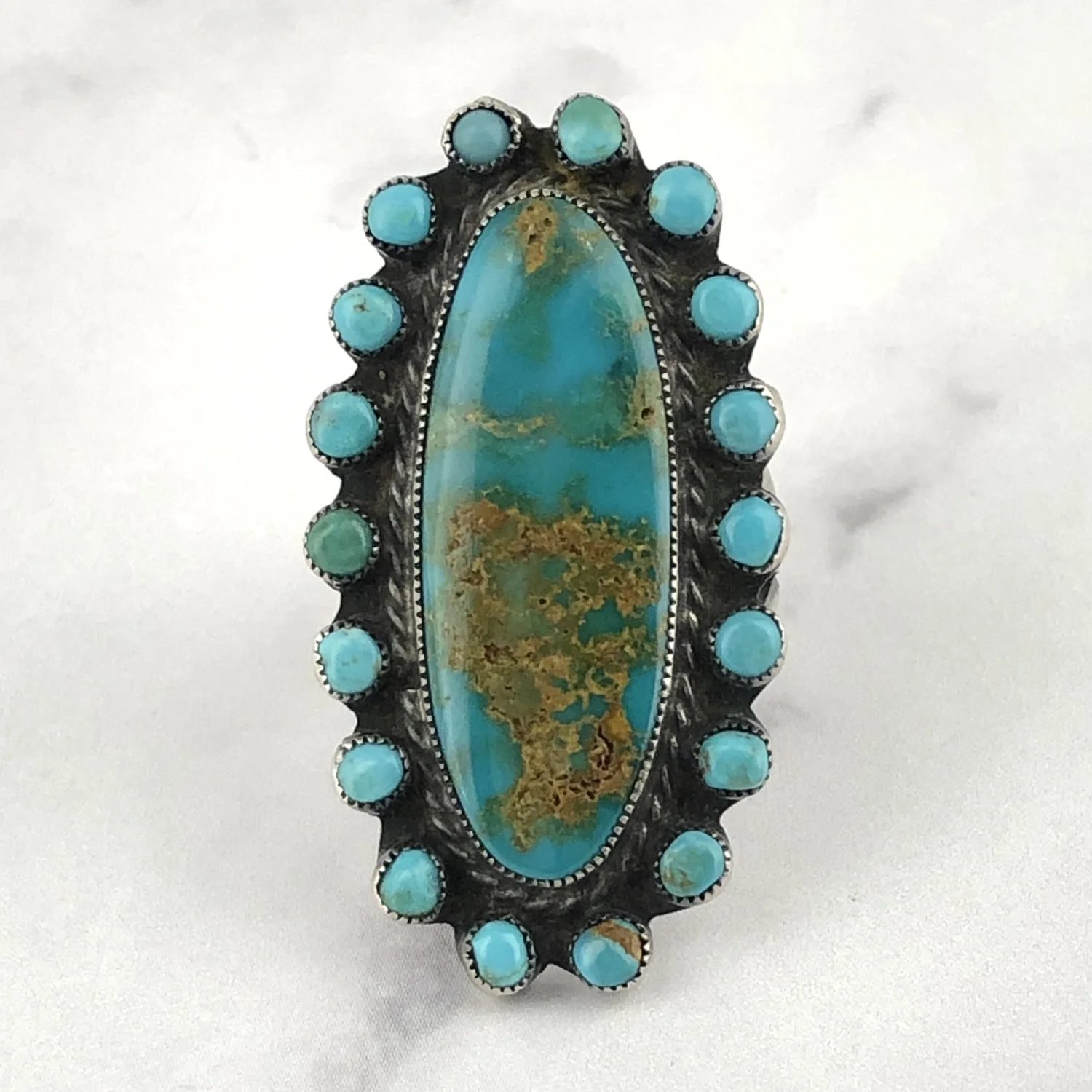 Fred Harvey Era Zuni Oval & Snake Eye Turquoise Ring — Worn