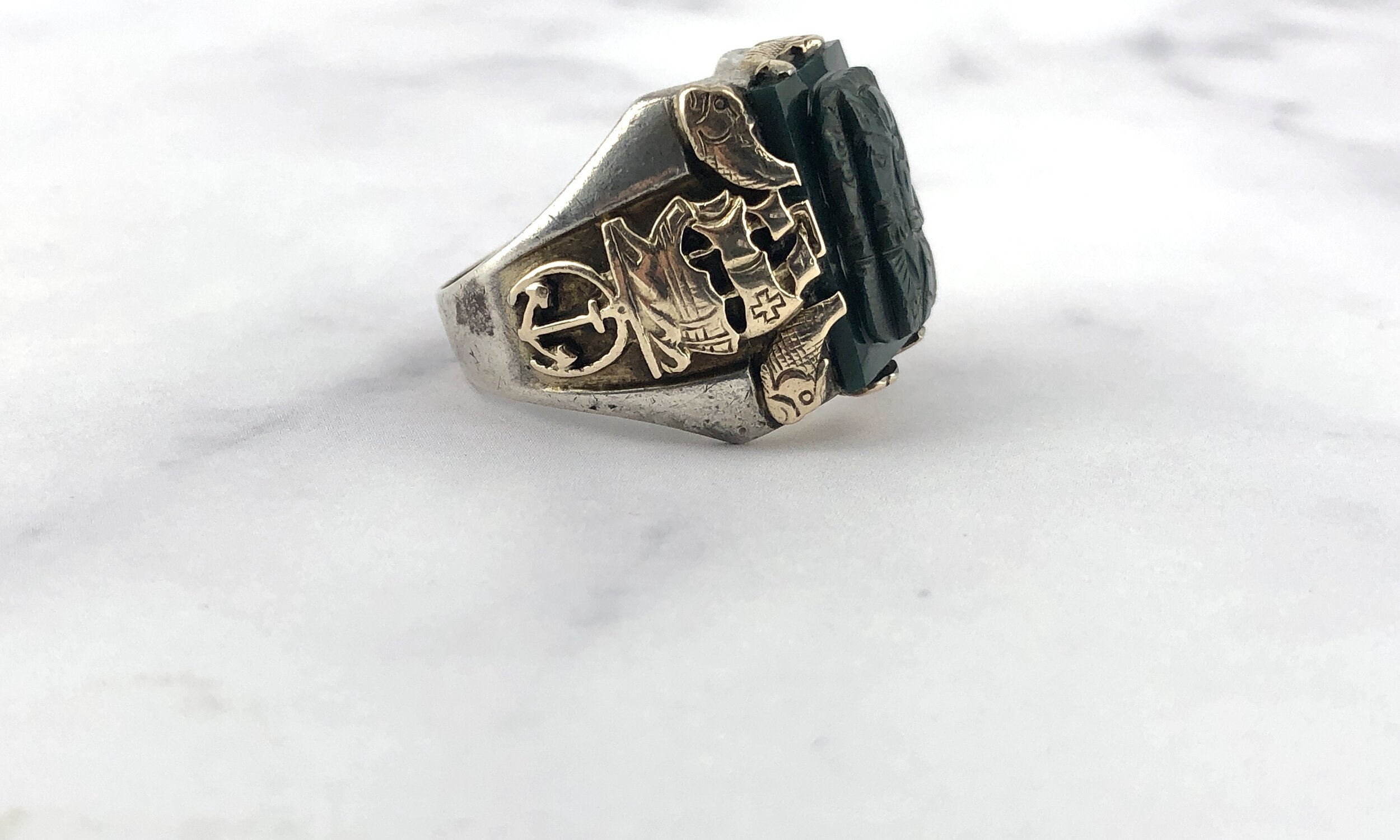 Vintage Roman Soldiers Green Hardstone Cameo Tall Ships Dolphins & Anchors  Silver & Gold Signet Ring — Worn-Over-Time
