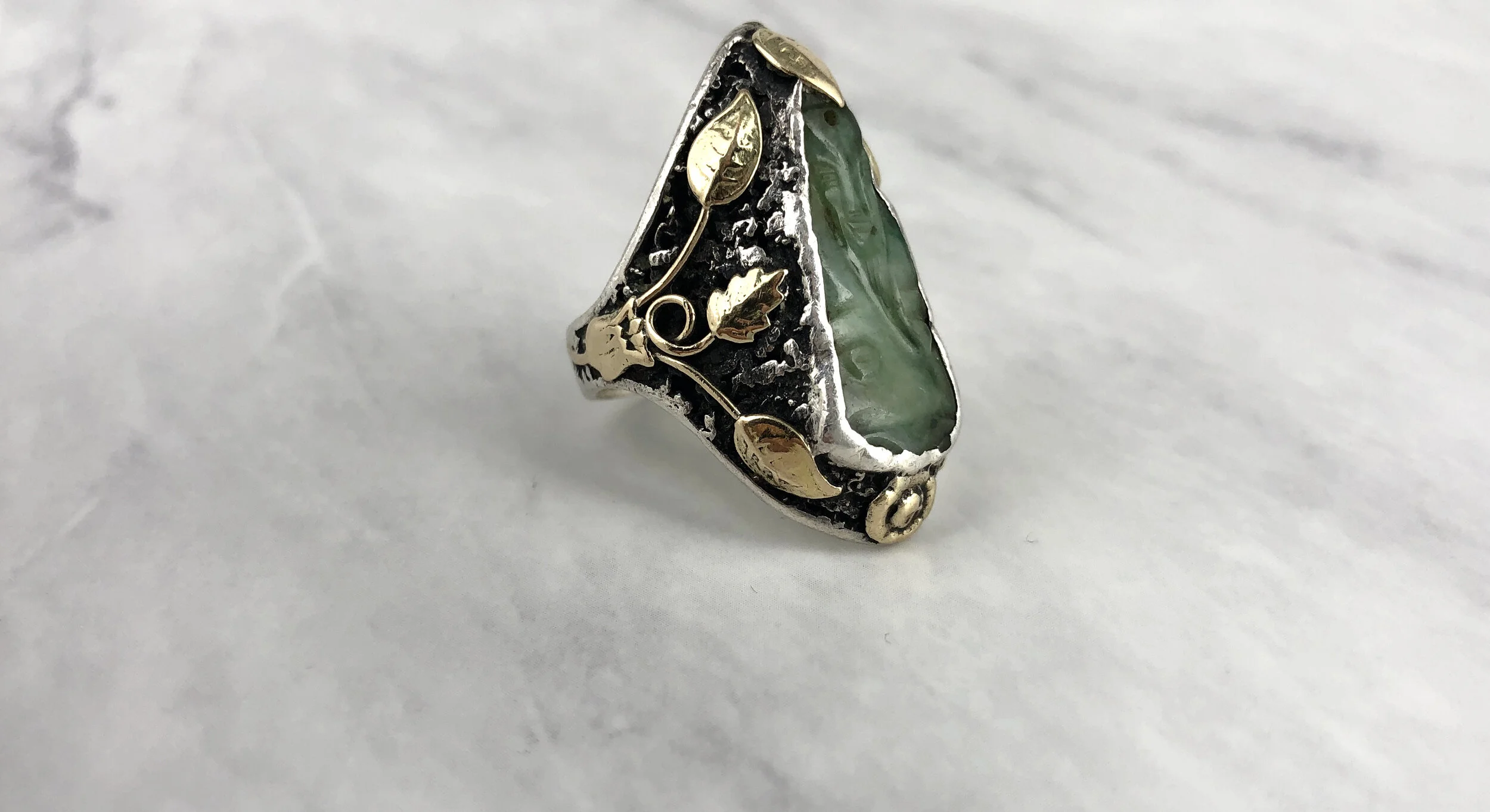 Vintage Carved Jade Buddha Leaves &amp; Roses Silver Ring