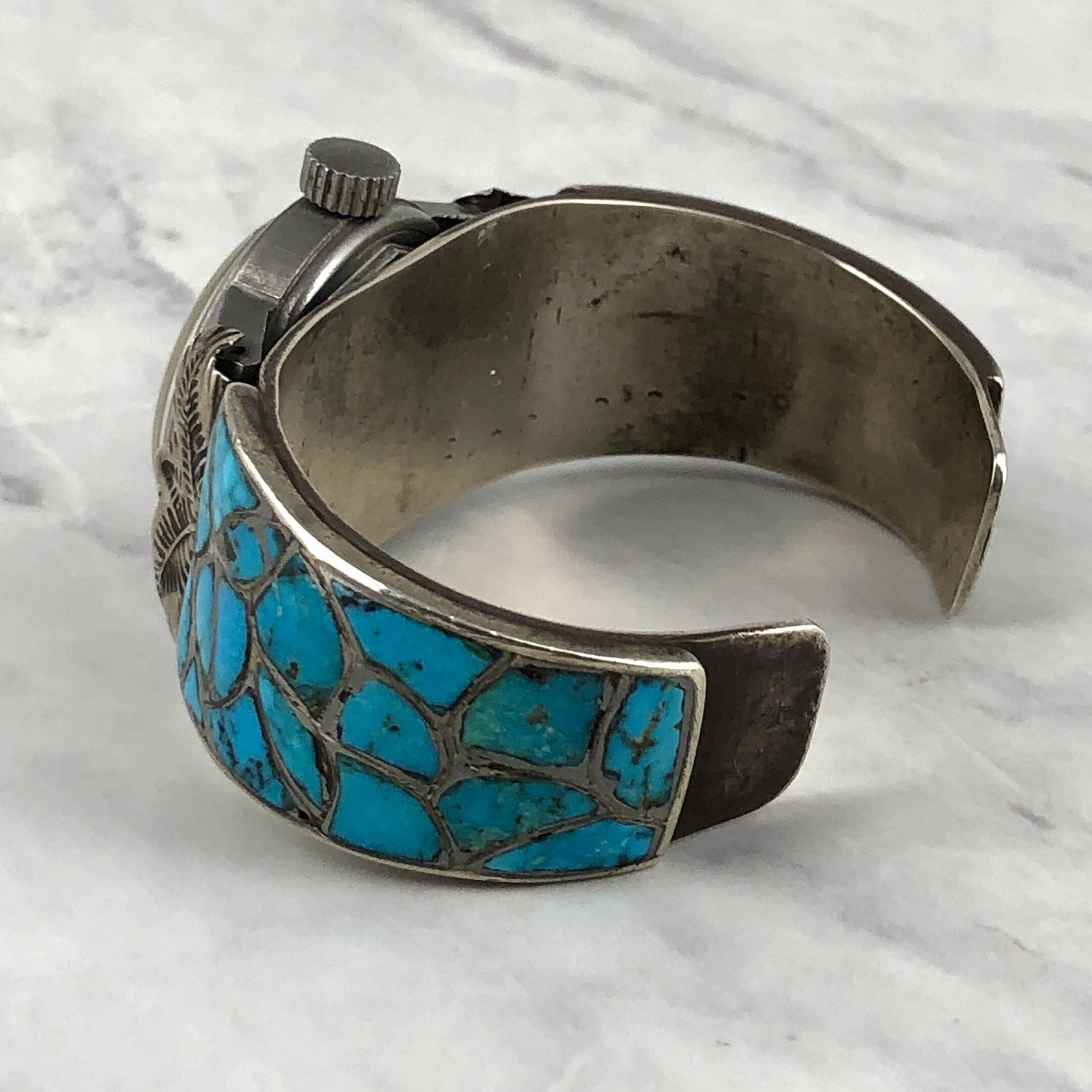 Vintage Zuni Turquoise Inlay Watch Cuff & Black Military 