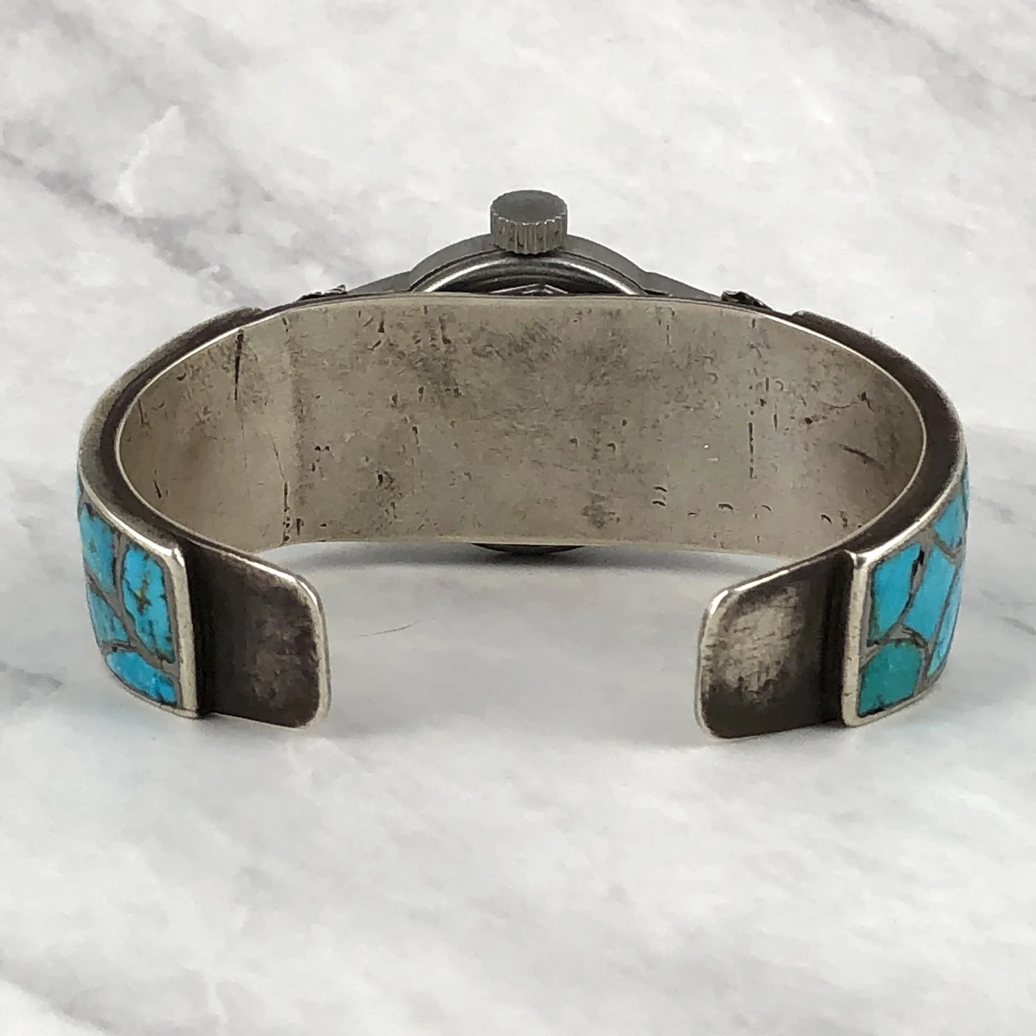 Turquoise Inlay Silver Cuff Watch - Black Dial Mens Sterling Silver/Leather/Turquoise Watch — Chee main image 4