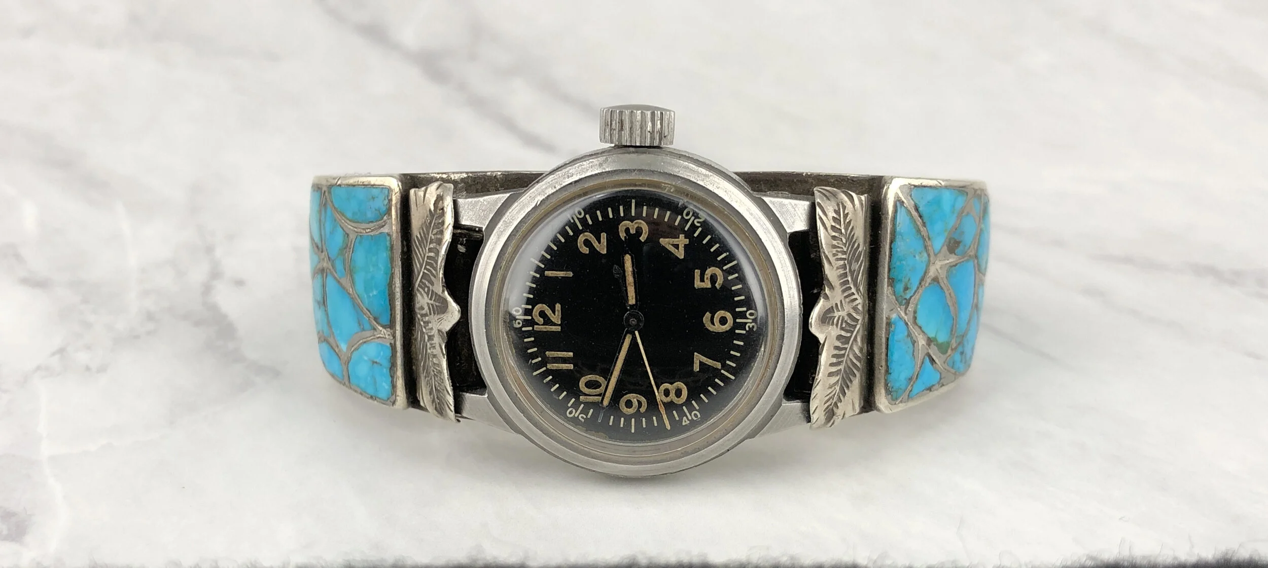 Vintage Zuni Turquoise Inlay Watch Cuff &amp; Black Military Wristwatch