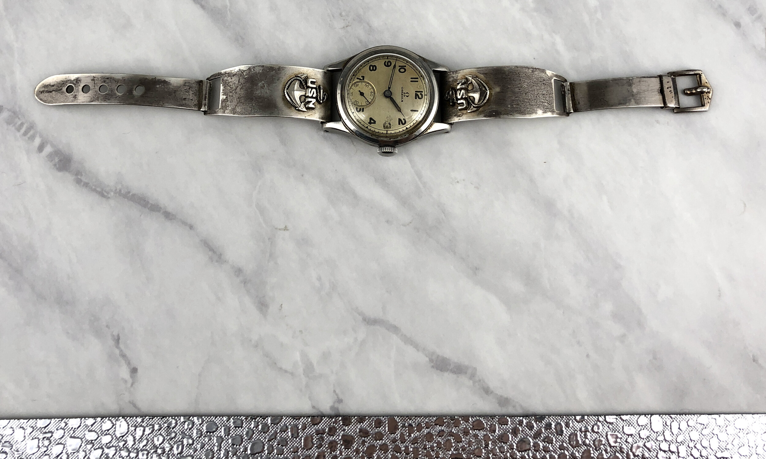 WW2 USN Anchor Silver Watch Bracelet & Omega Wristwatch — Worn-Over-Time