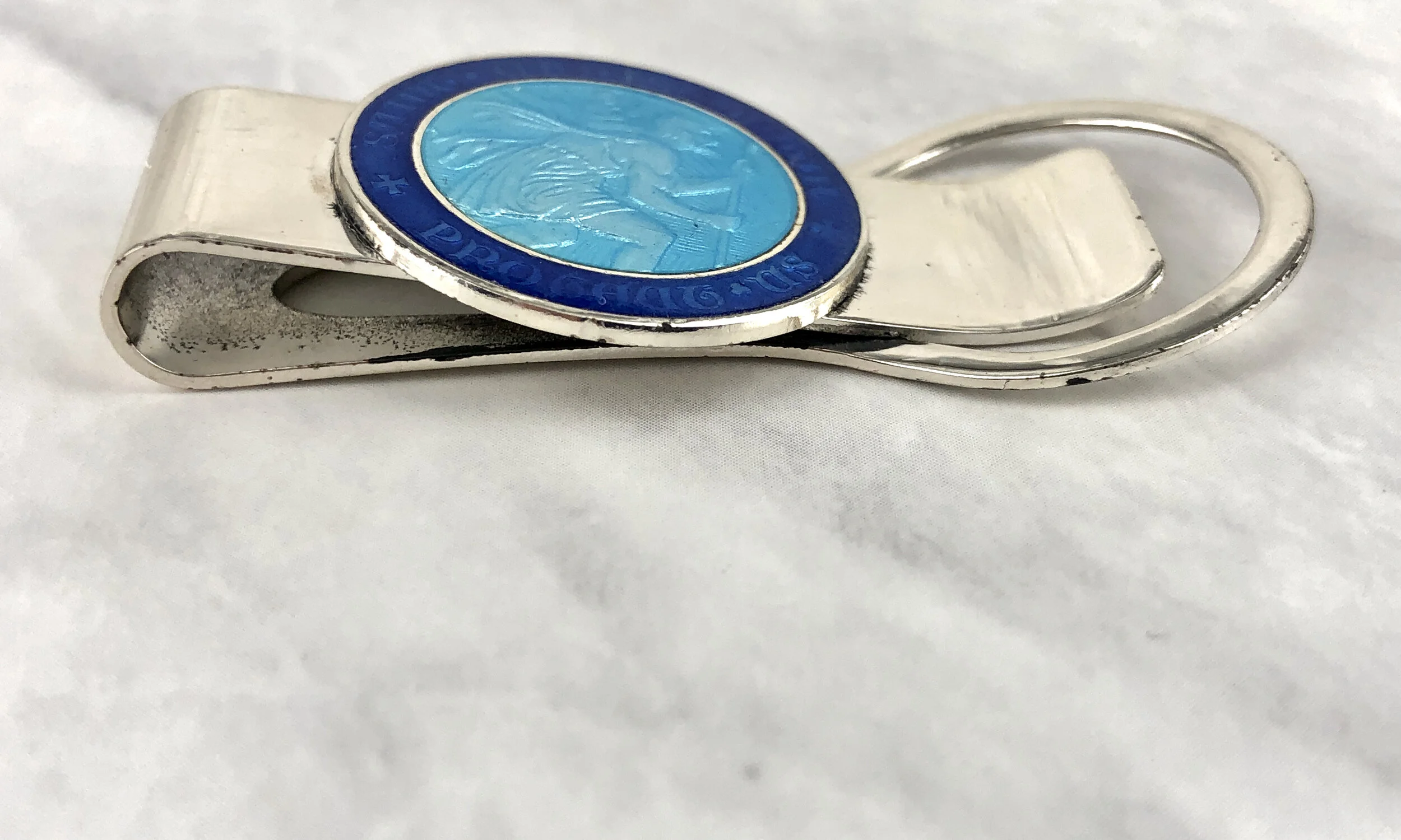 Vintage 2-Tone Blue Enameled Silver 1” St Christopher Medal Money Clip