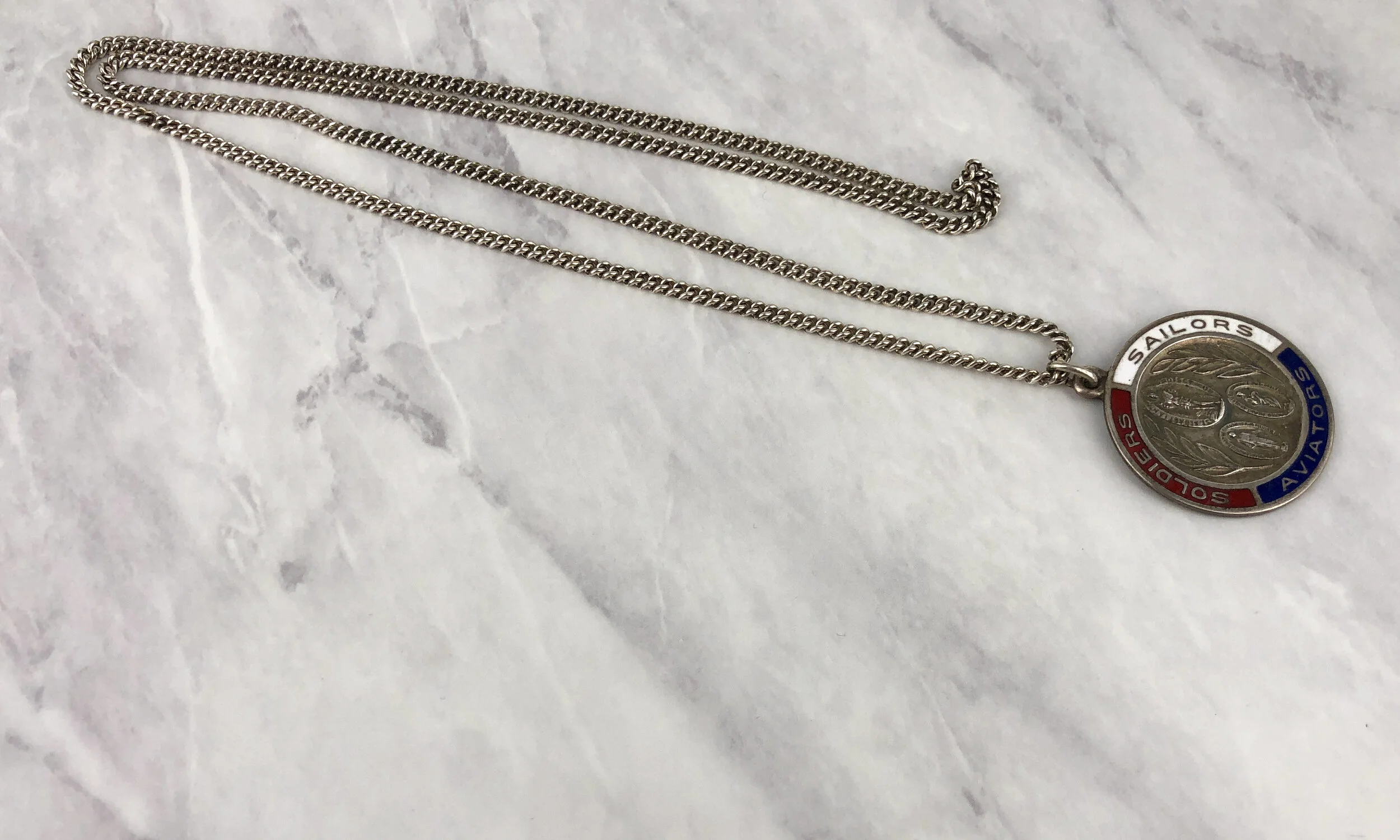 Vintage Soldiers Sailors Aviators 1-3/8” St Sebastian Red White Blue Enameled Silver Necklace