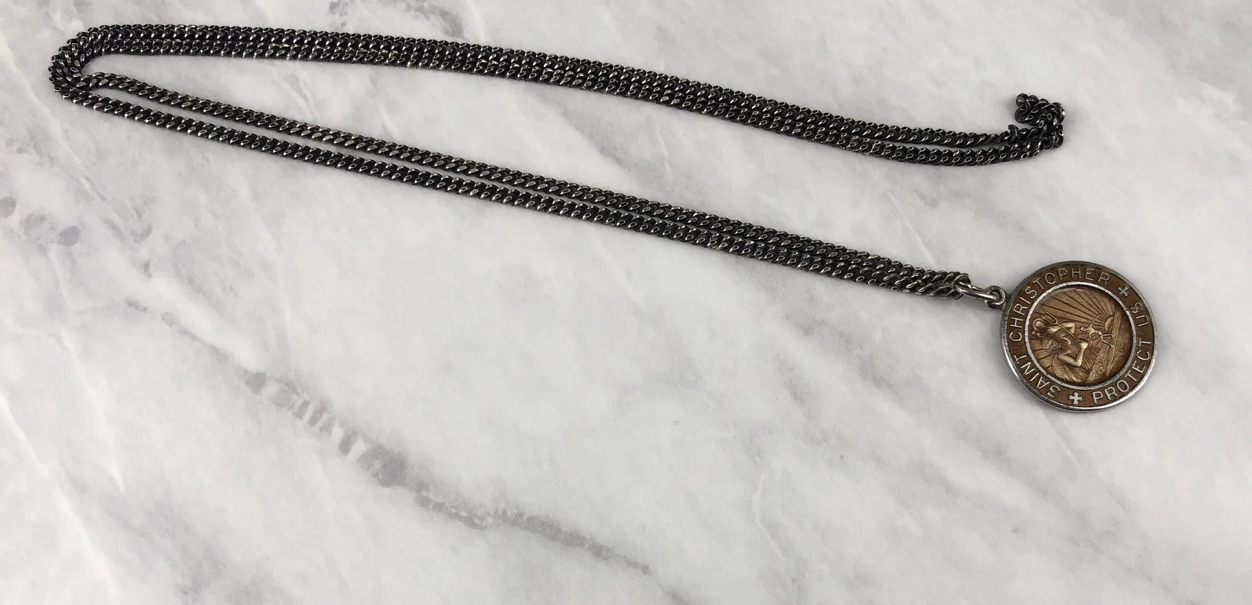 1” Vintage Brown Enameled Surfer Neptune St Christopher Silver Necklace