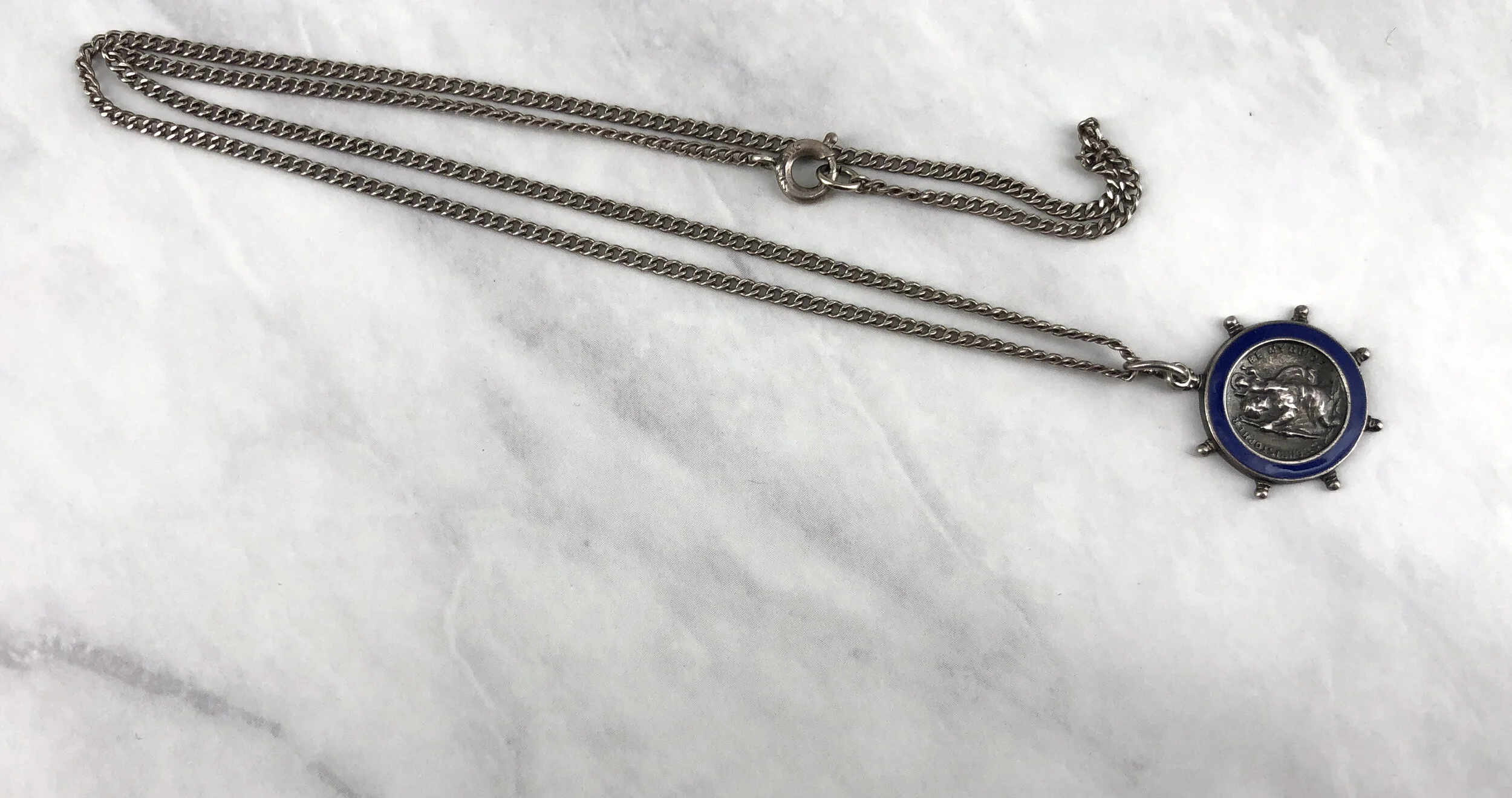 Vintage Blue Enameled 3/4” Ships Wheel St Christopher Necklace