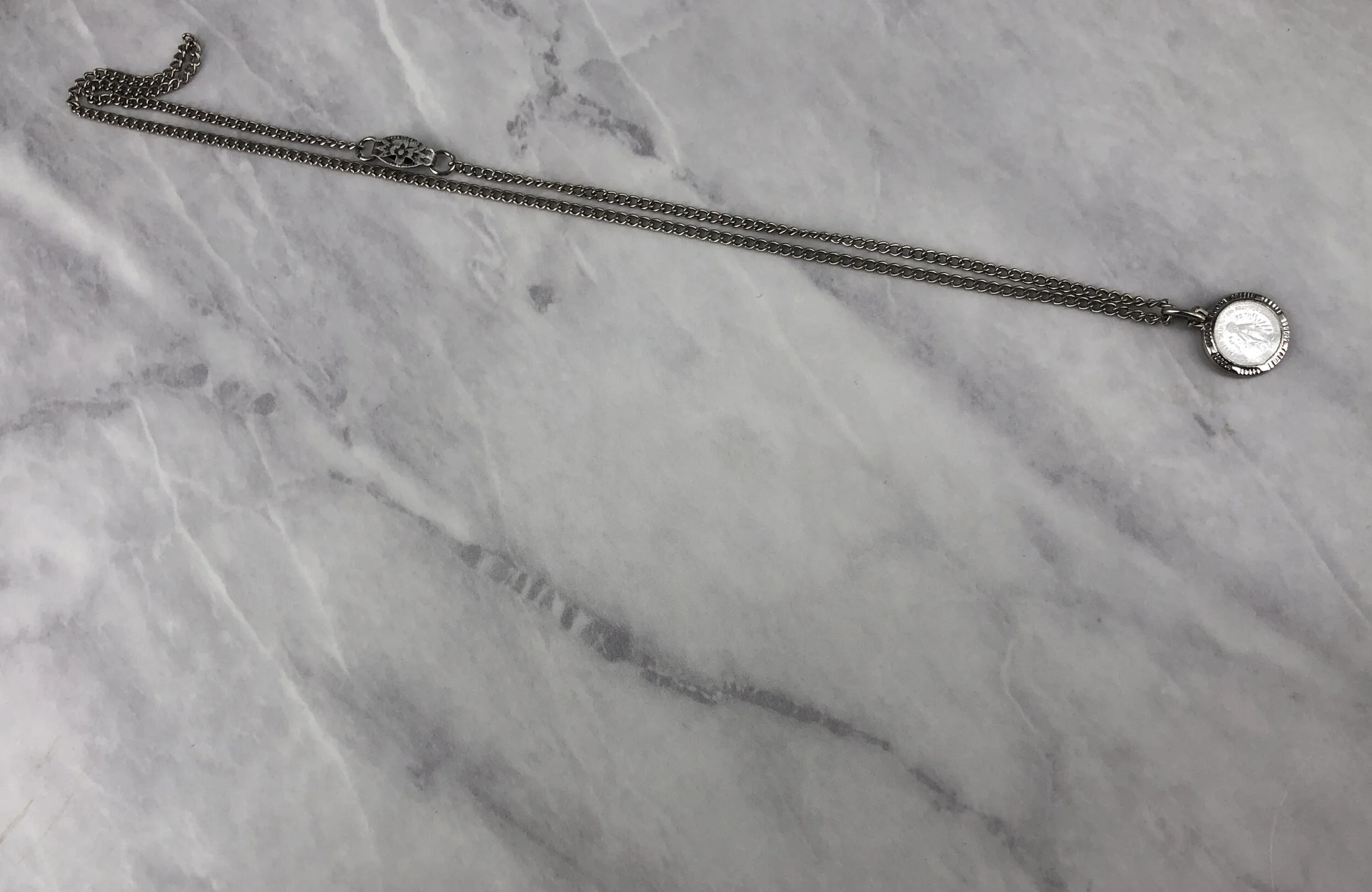 Vintage White Enameled 1/2” Virgin Mary Miraculous Necklace