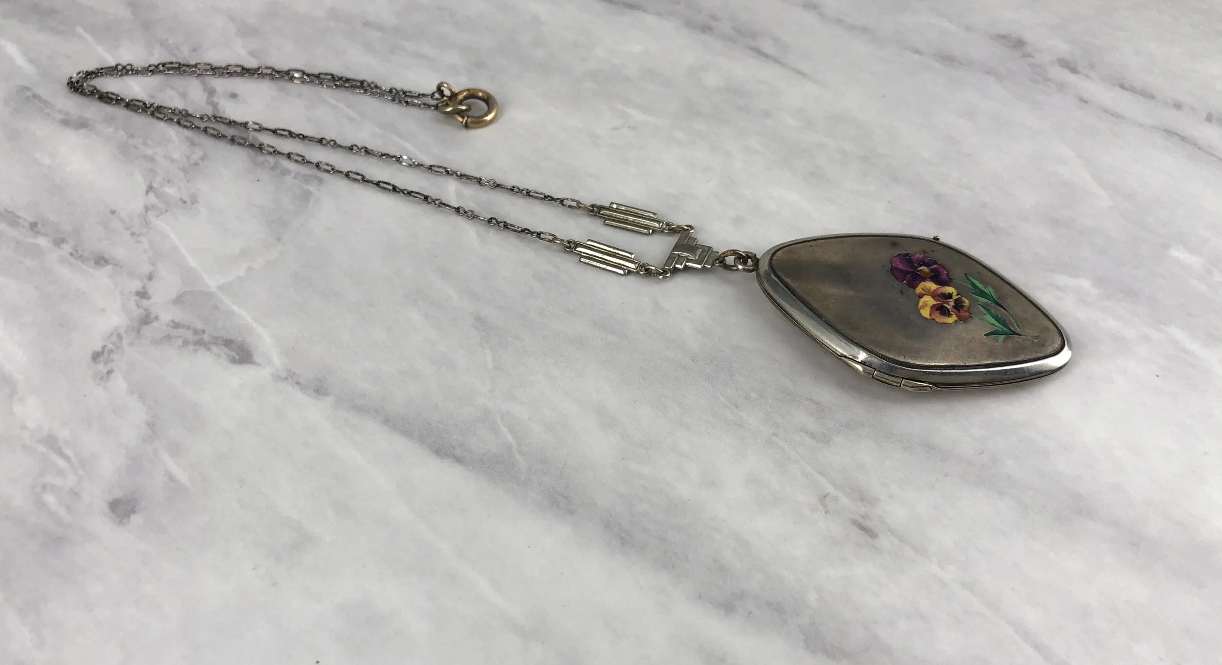 1900’s Enameled Pansies SP Locket Necklace