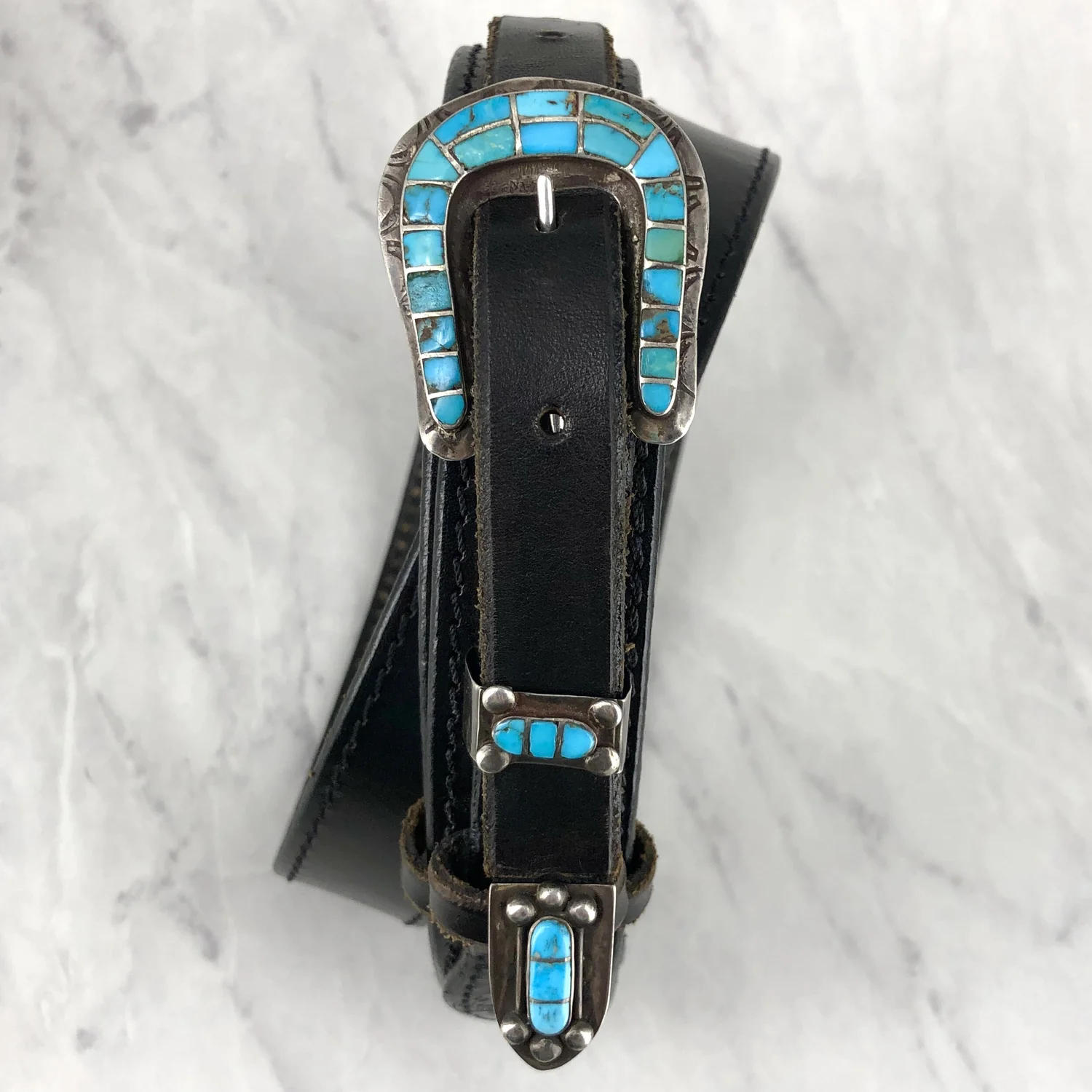 Vintage Fred Harvey Turquoise Silver Buckle Set & Black Ranger