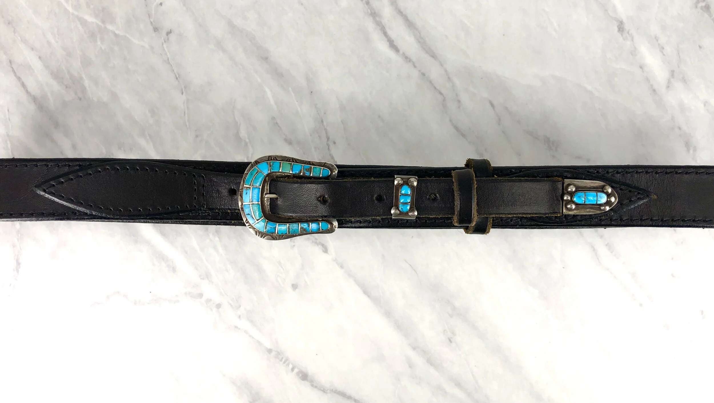 Vintage Fred Harvey Turquoise Silver Buckle Set &amp; Black Ranger Belt