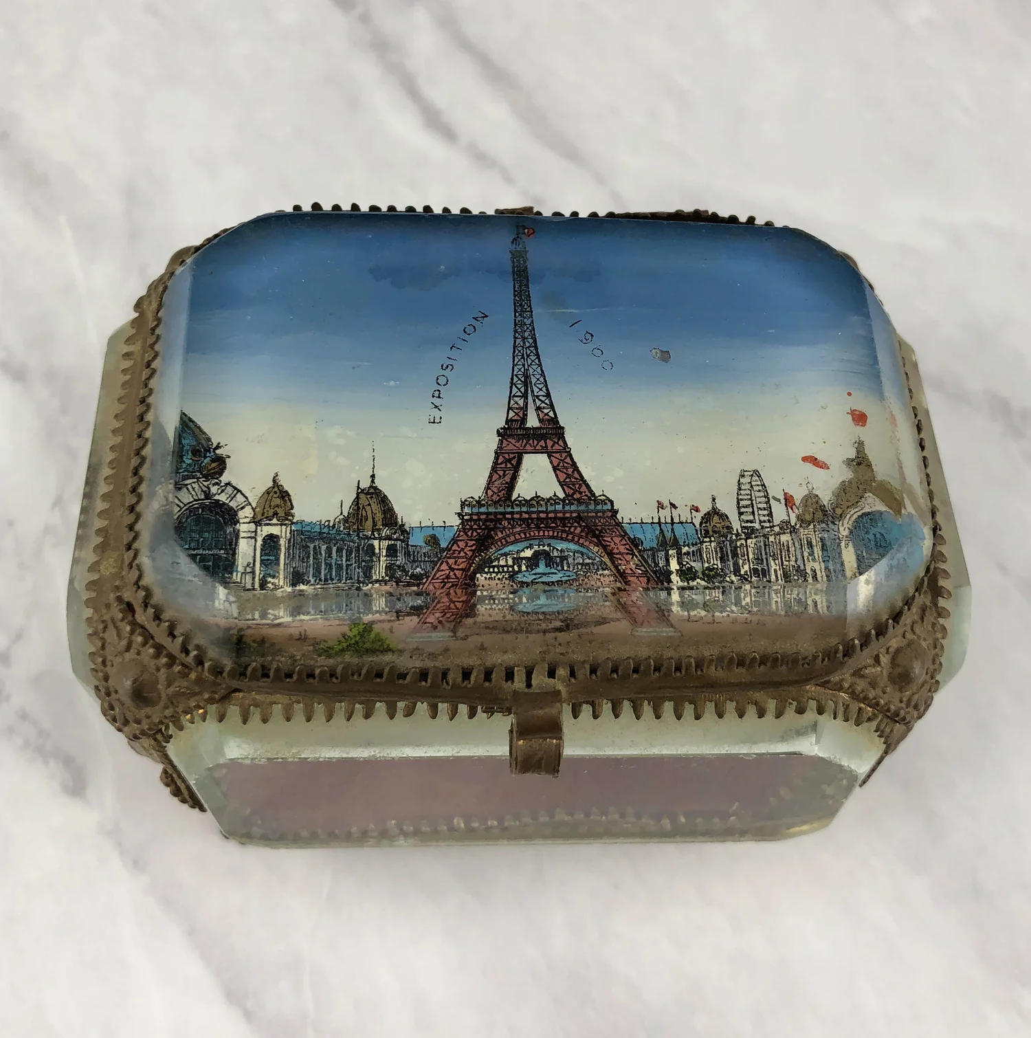 Antique 1900 Paris Exposition Beveled Glass Jewelry Box — Worn
