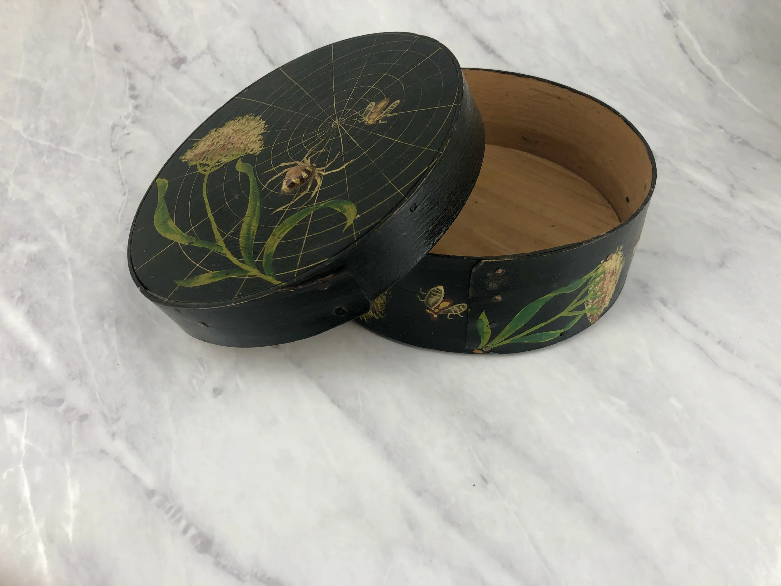 Antique Spider Web Painted Sponge Decorated Flowers Round Pantry Box