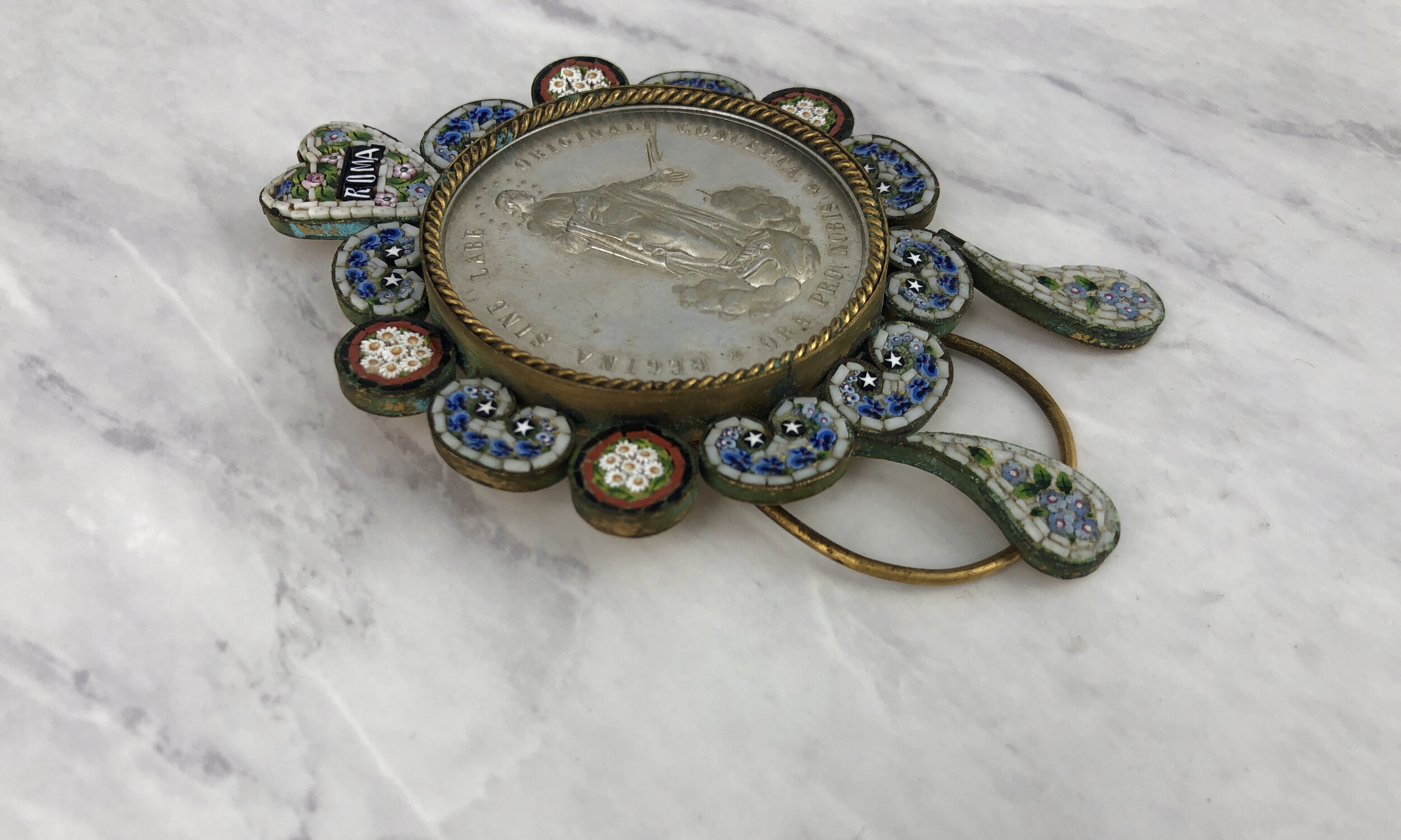 Antique Micro Mosaic ROMA Framed Pope Pius X Souvenir Coin