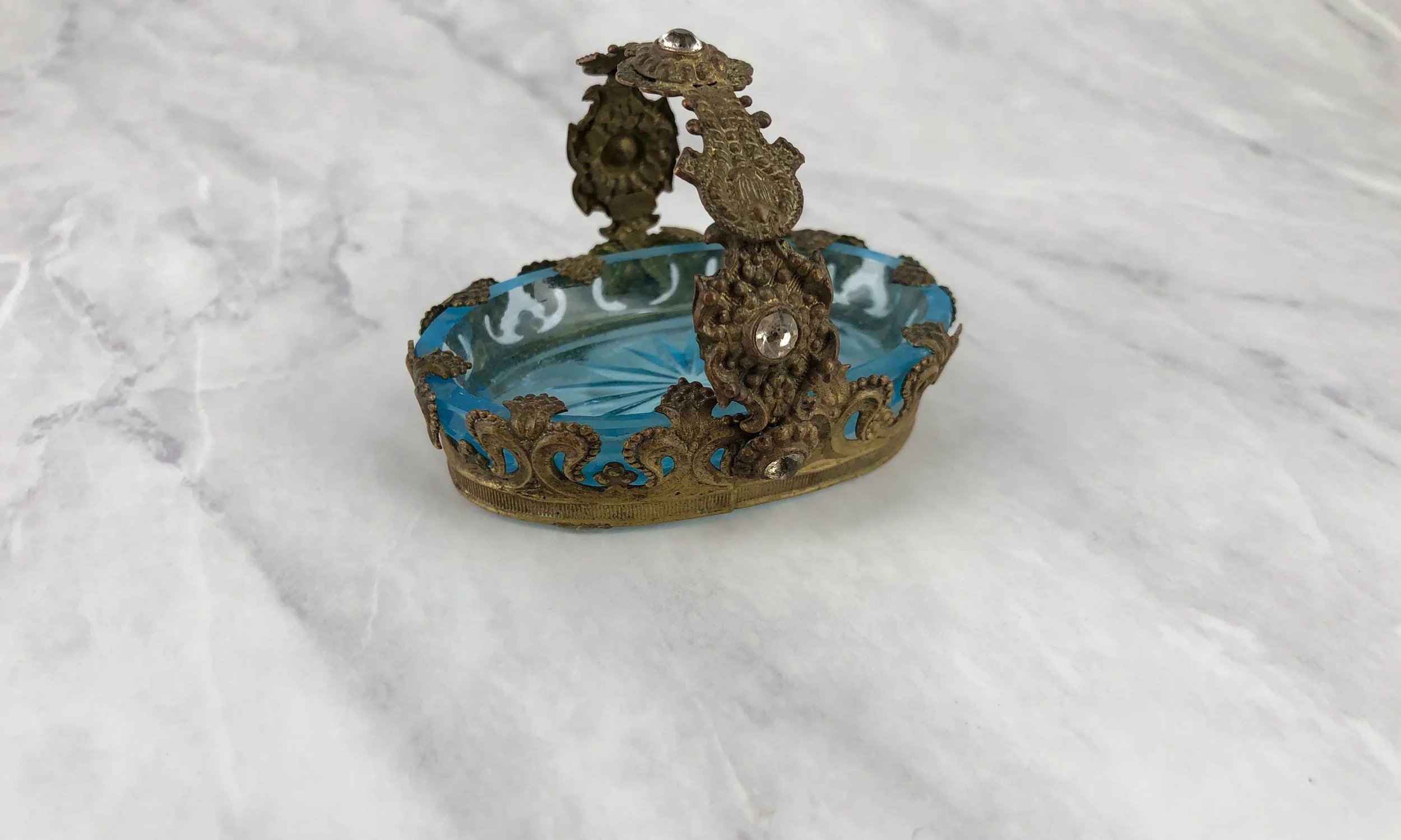 1900’s Czechoslovakian Aqua Glass Dish Jeweled Fleur de Lis Basket
