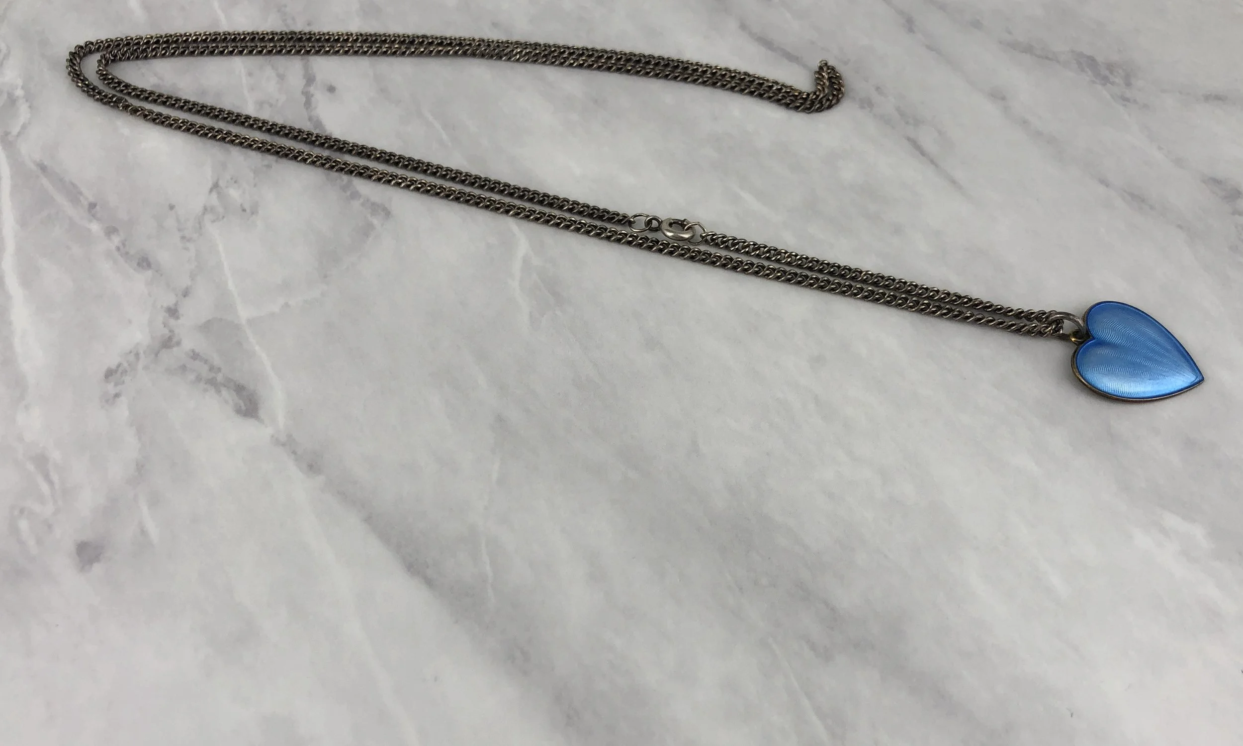 Vintage Blue Enameled Silver Heart Lord’s Prayer Necklace