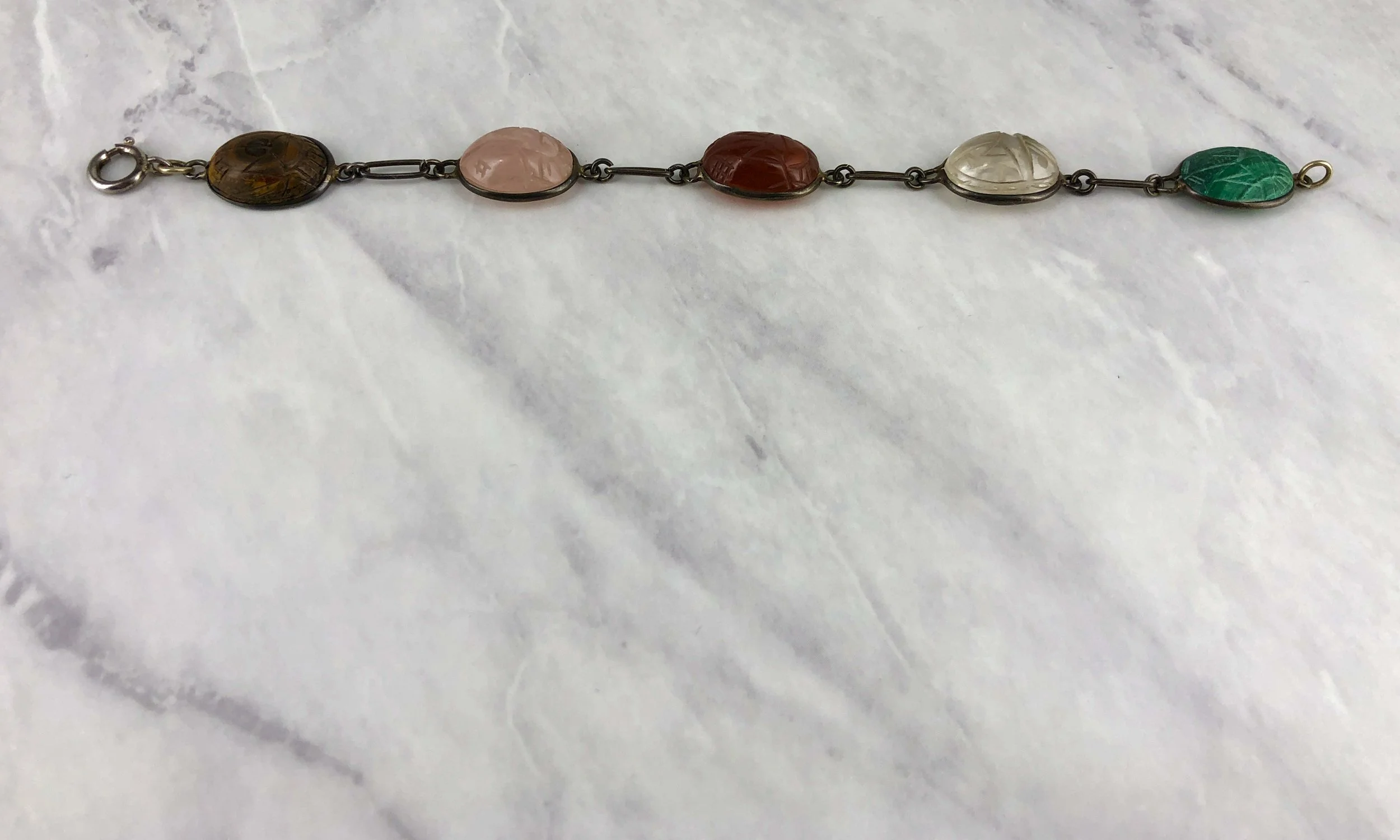 20’s Gem Stone Scarab Sterling Bracelet Tiger Eye Rose Quartz Carnelian Rock Crystal Malachite