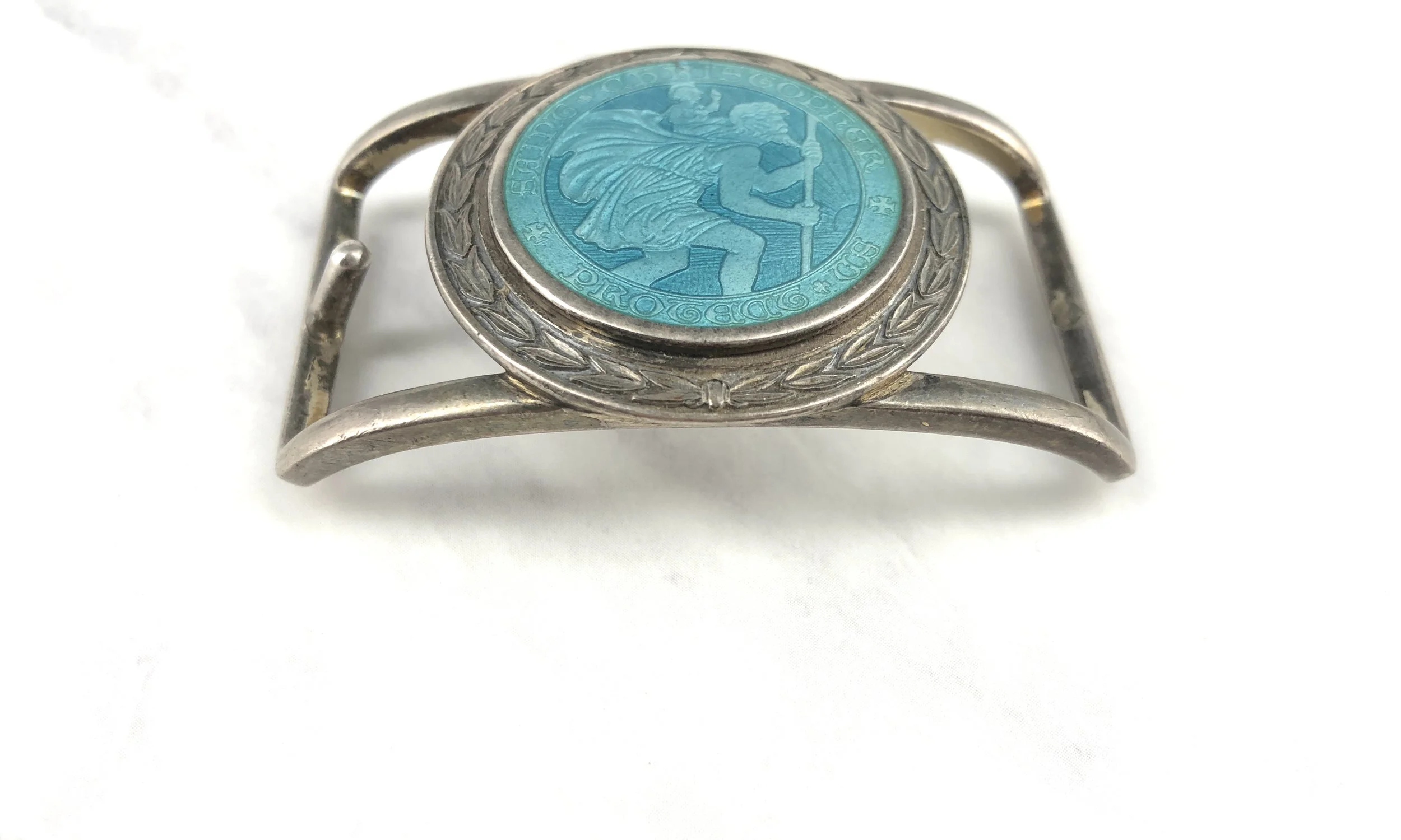 Vintage Teal Blue Enameled St Christopher Medal Silver Belt Buckle