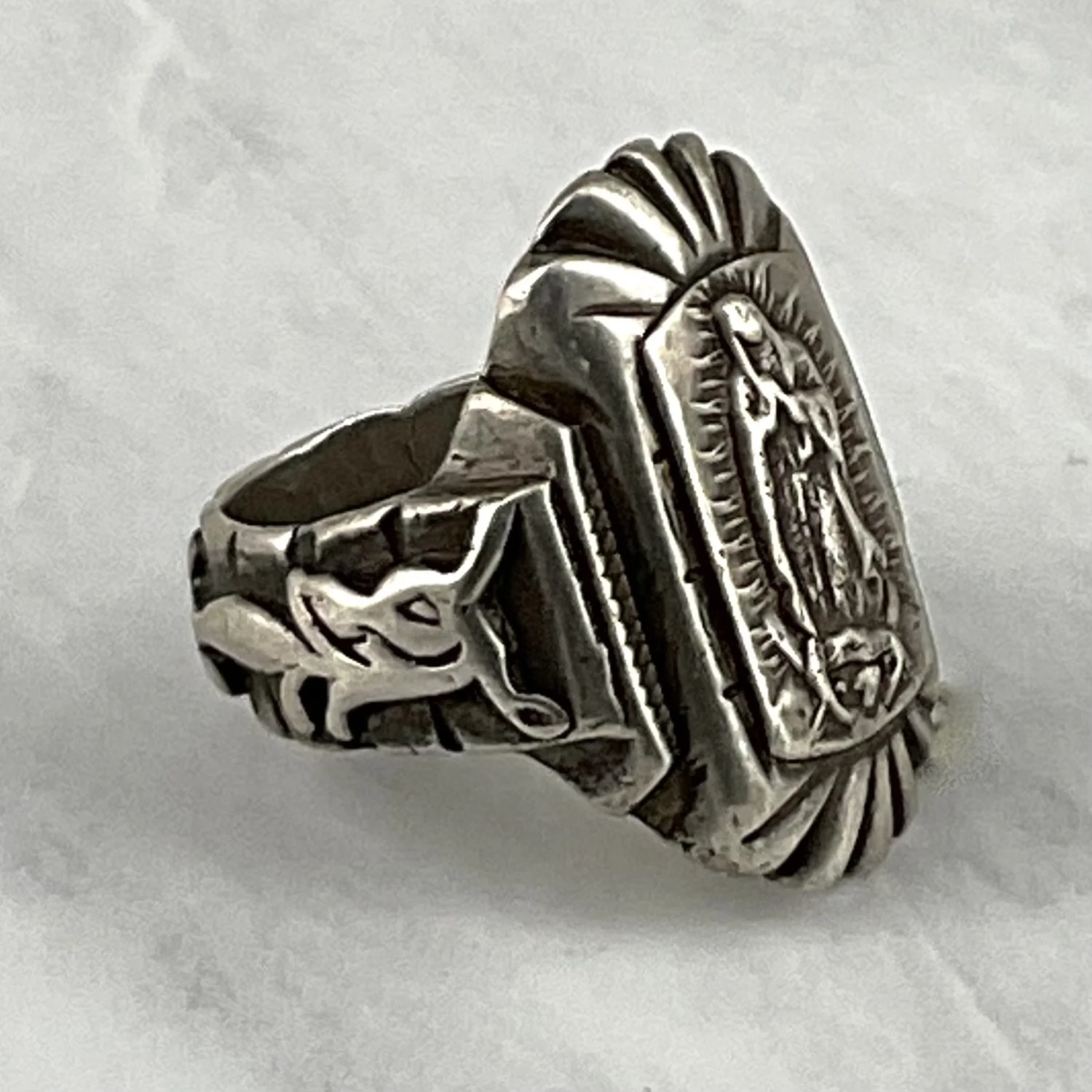 【SILVER】Mexican maria ring Vintage Our Lady of Guadalupe & Sea Serpents Silver Mexican Ring