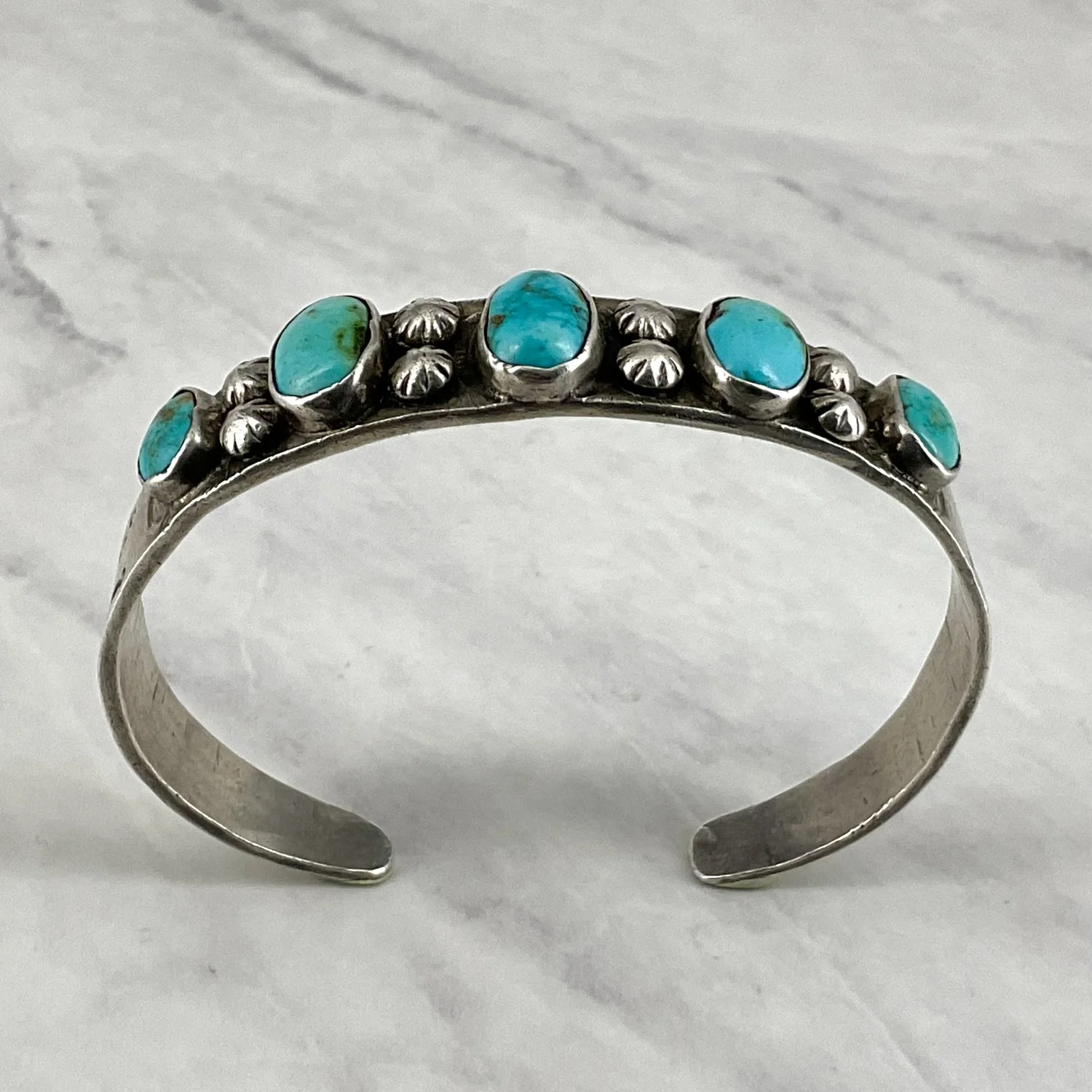 Fred Harvey Era Navajo 5 Oval Stone Turquoise Silver Row Bracelet
