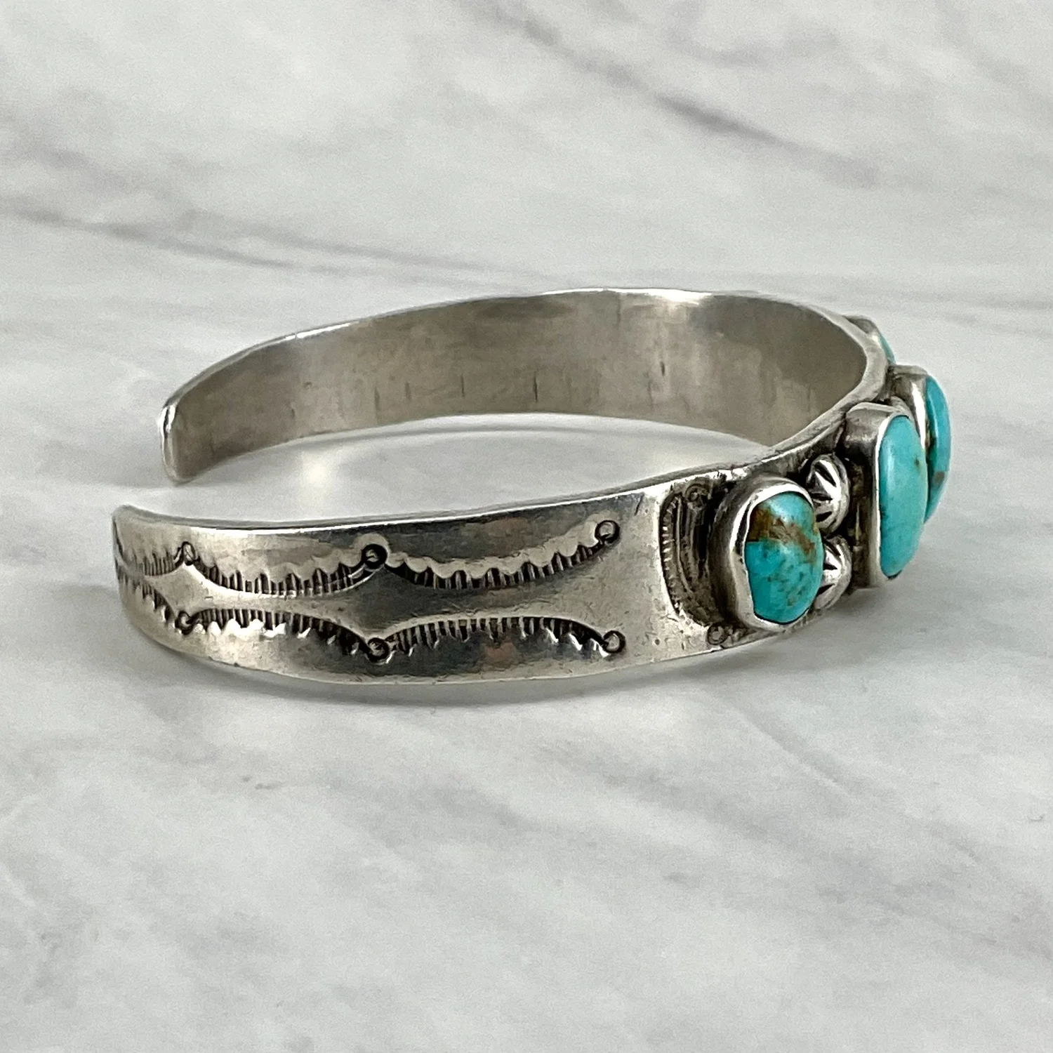 Fred Harvey Era Navajo 5 Oval Stone Turquoise Silver Row Bracelet
