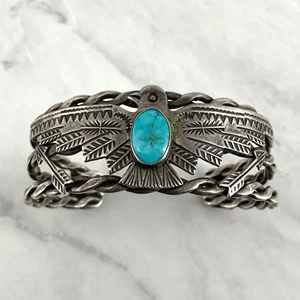 Fred Harvey Era Thunderbird Oval Turquoise Silver Bracelet — Worn