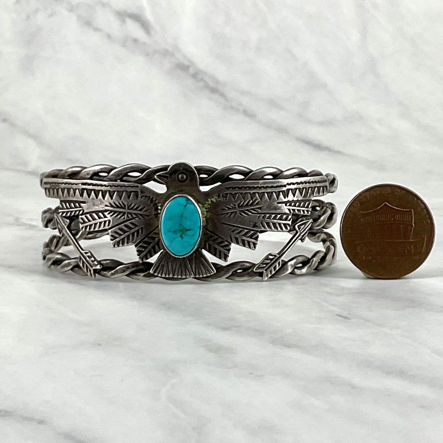 Fred Harvey Era Thunderbird Oval Turquoise Silver Bracelet — Worn
