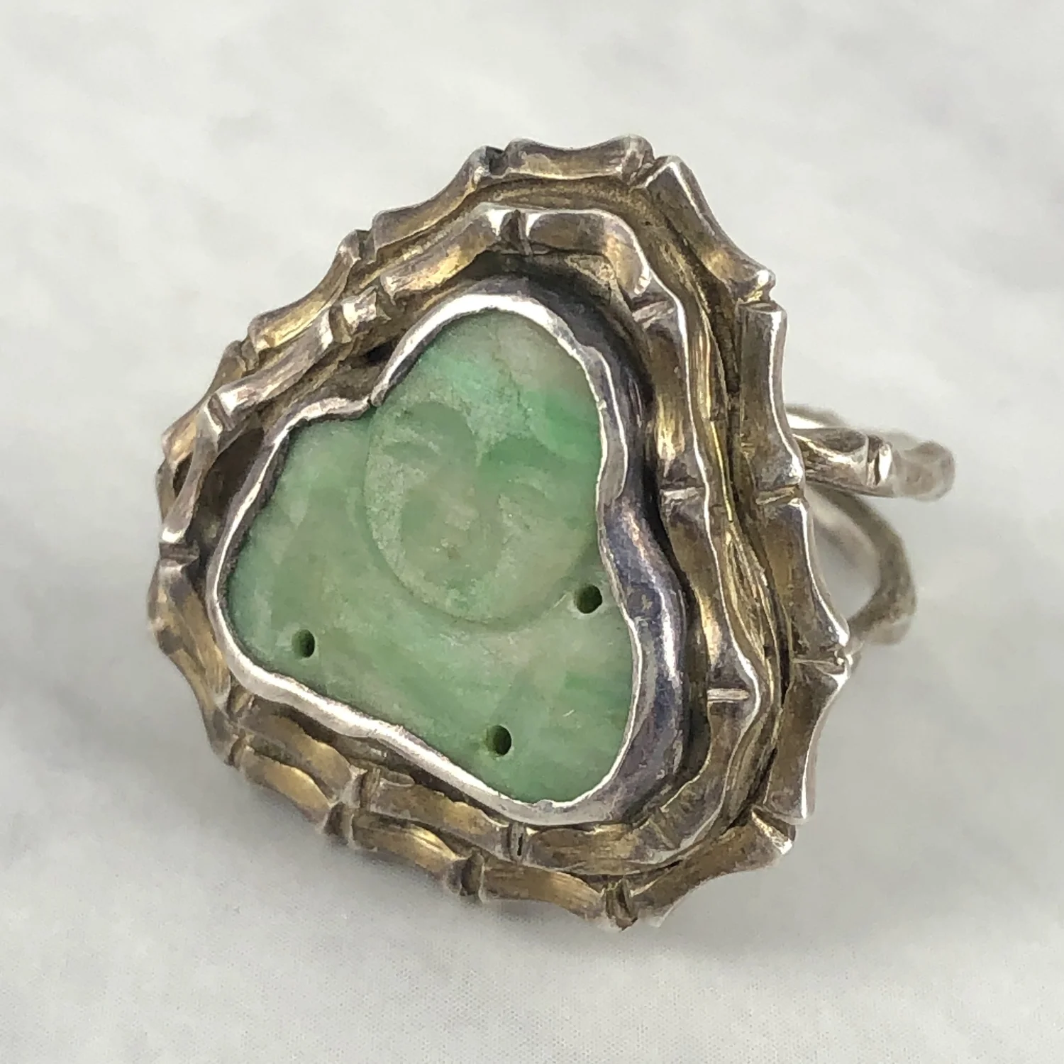 Vintage Carved Jade Buddha & Bamboo Silver Ring — Worn-Over-Time