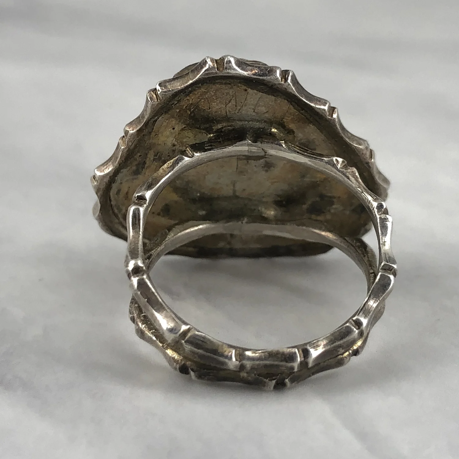 Vintage Carved Jade Buddha & Bamboo Silver Ring — Worn-Over-Time
