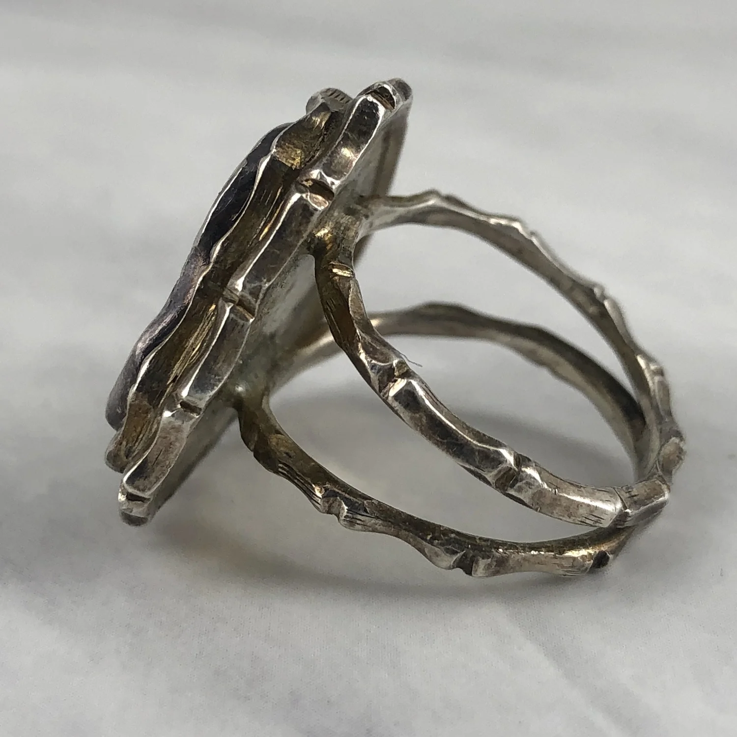 Vintage Carved Jade Buddha & Bamboo Silver Ring — Worn-Over-Time