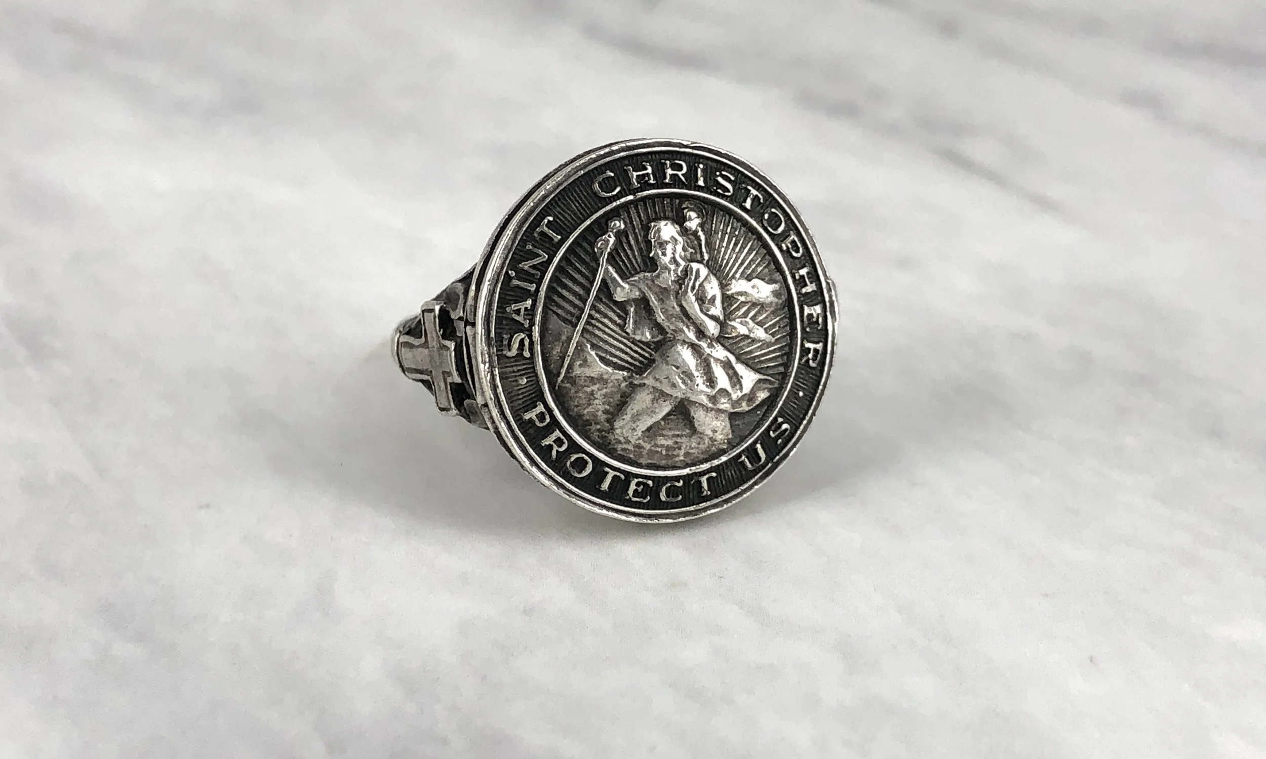 Rare Vintage Silver St Christopher Secret Compartment Locket Ring
