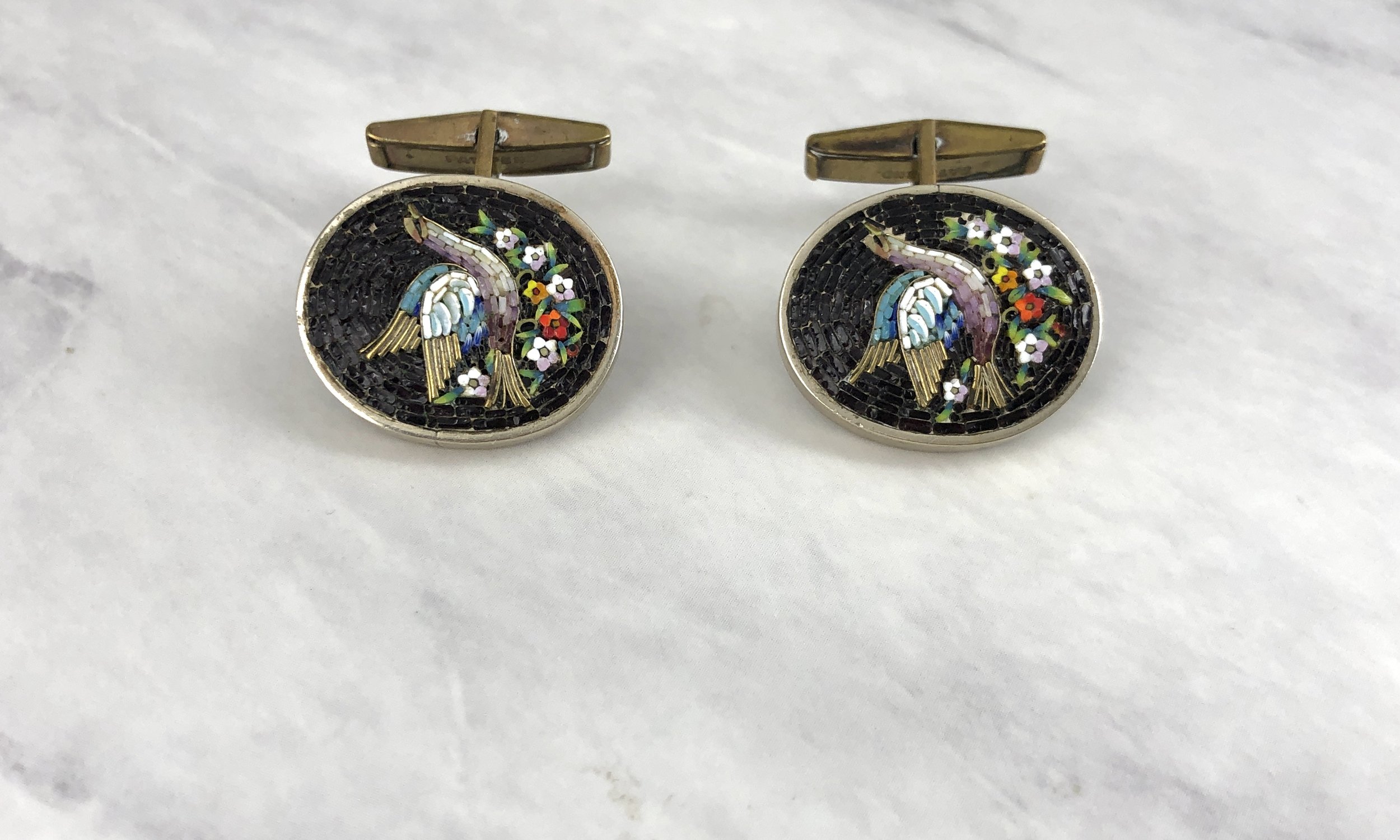Vintage Venetian Glass Micro Mosaic Bird Cufflinks