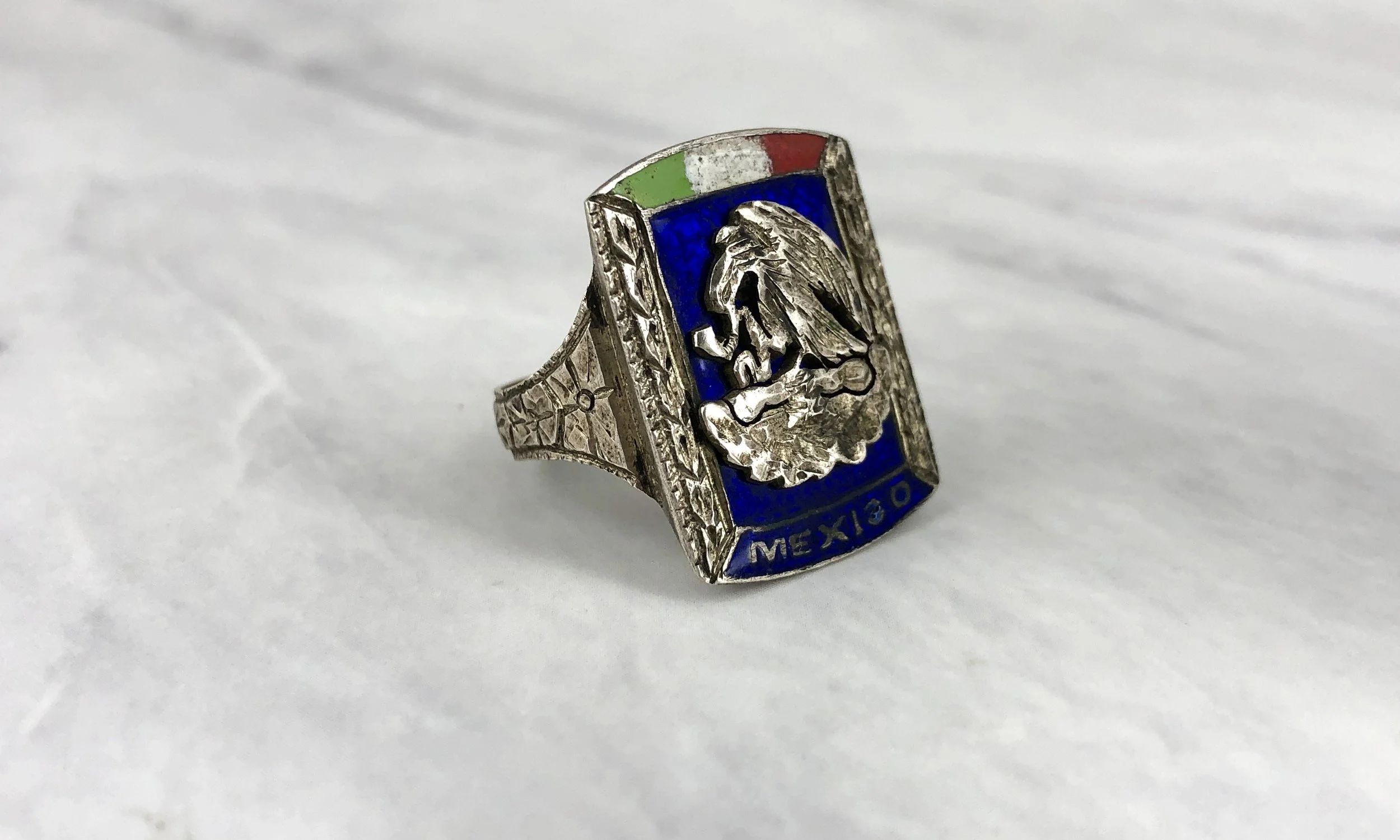 Vintage Enameled Silver Mexican Eagle Coat of Arms Ring