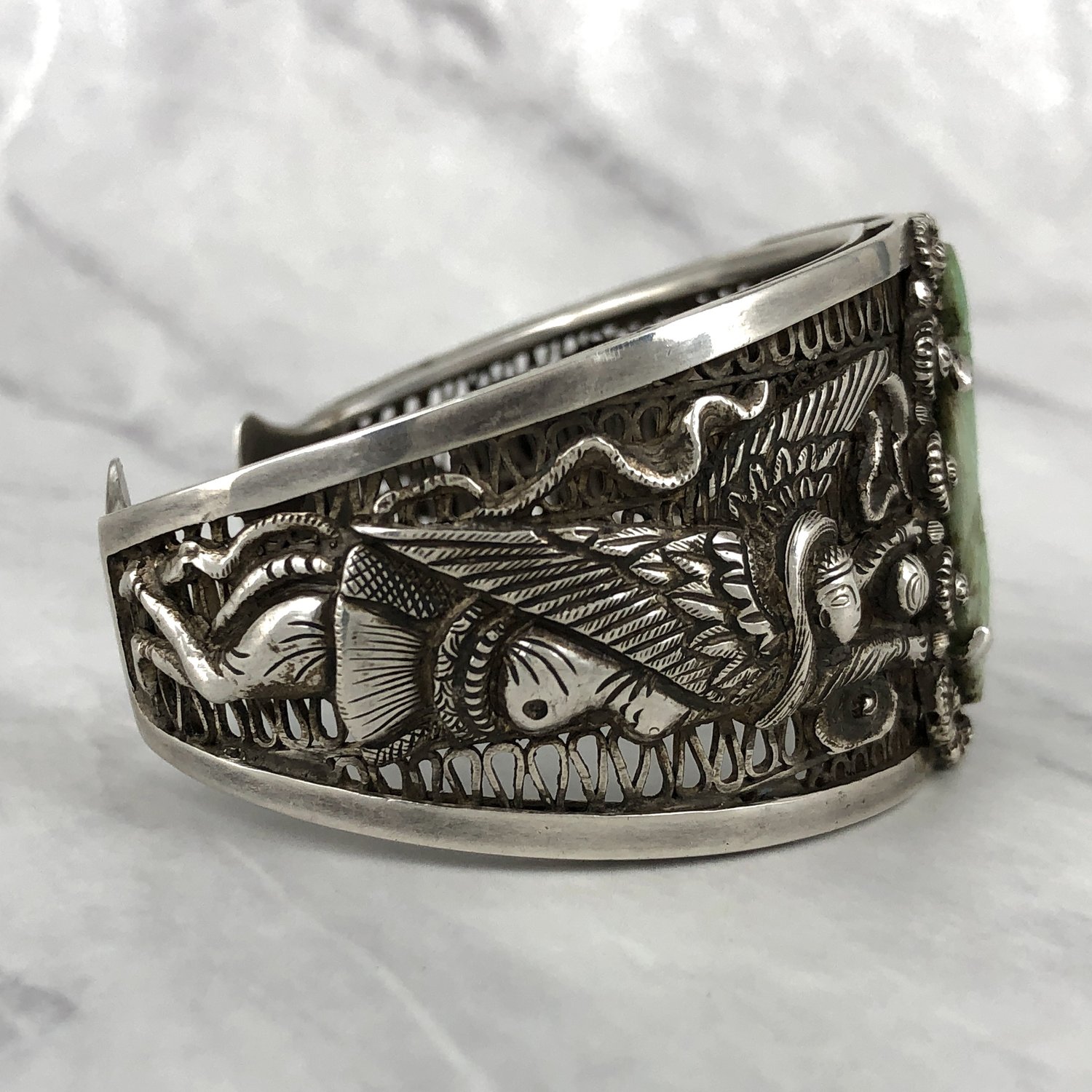 1900's Jade Buddha & Angels Chinese Export Silver Cuff 1900's Jade Buddha & Angels Chinese Export Silver Cuff